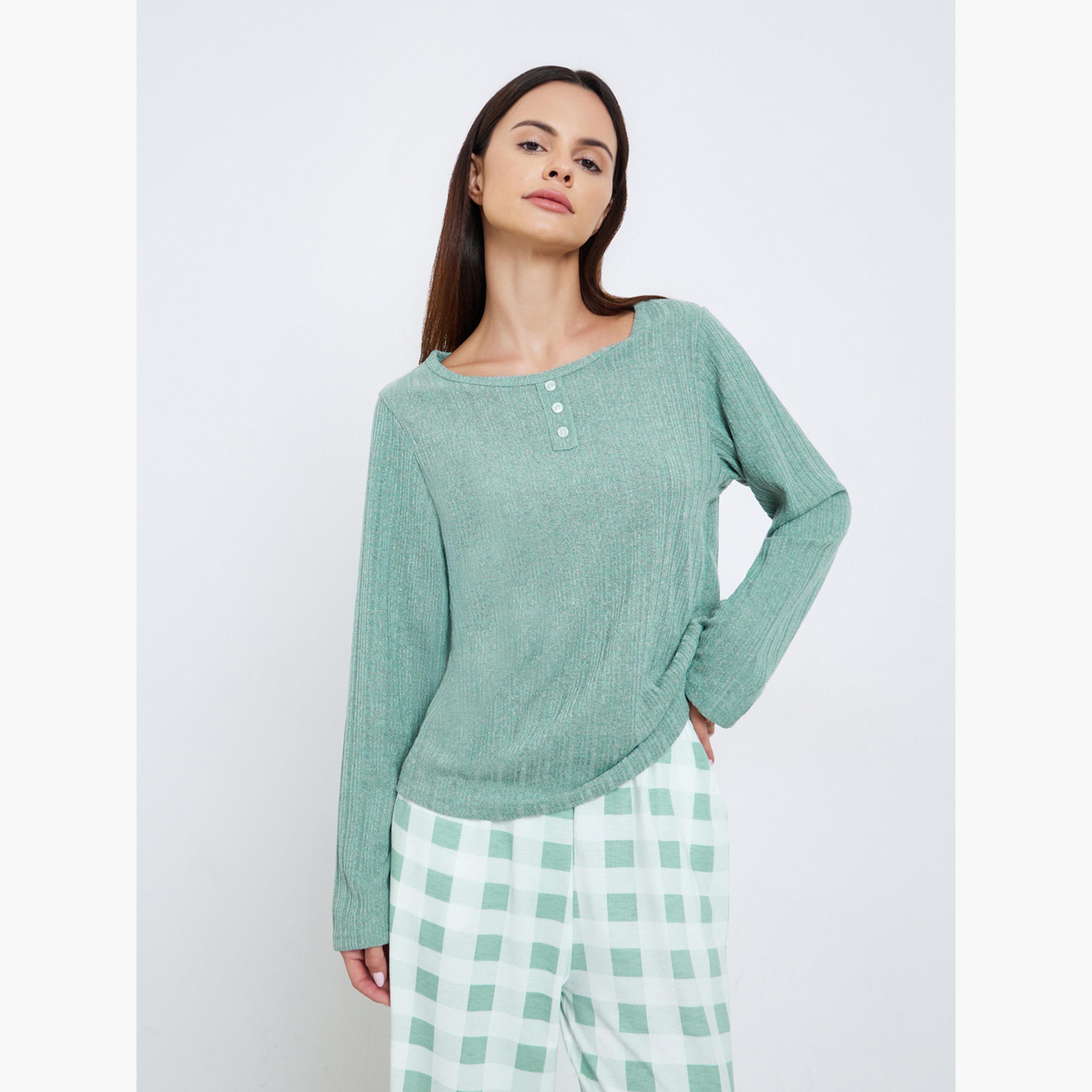 Styli Textured Solid T-Shirt and Check Pyjama Set-women-clothing-nightwear-pyjamas-longsets-image-2