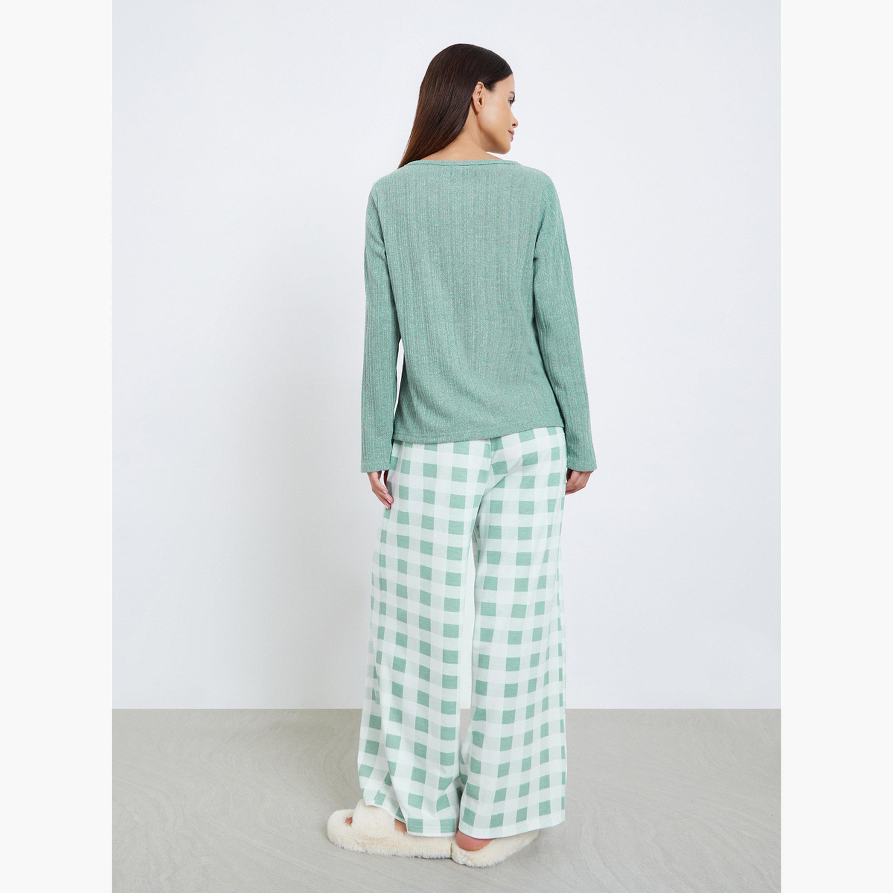 ستايلي - بيجاما مكونة من تي شيرت سادة منقوش وقميص منقوش-women-clothing-nightwear-pyjamas-longsets-image-3