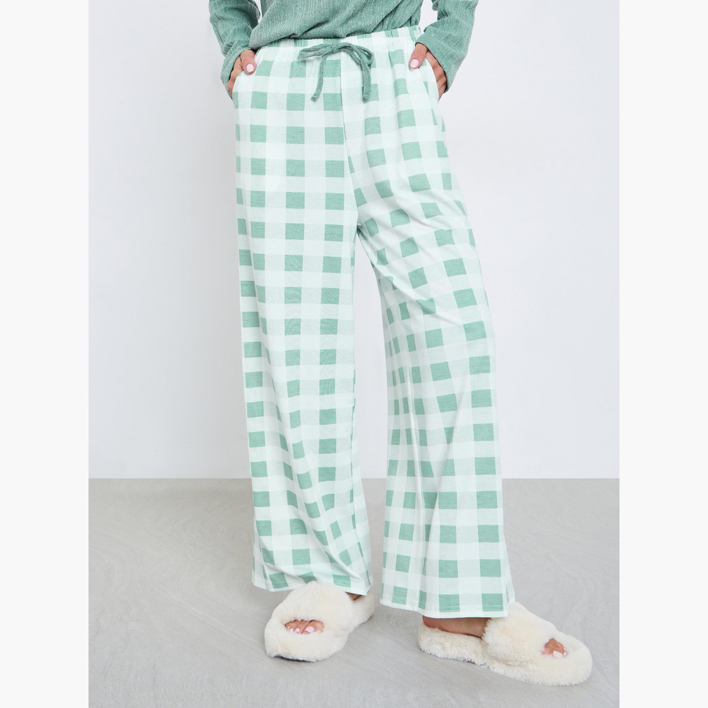 Styli Textured Solid T-Shirt and Check Pyjama Set-women-clothing-nightwear-pyjamas-longsets-image-4