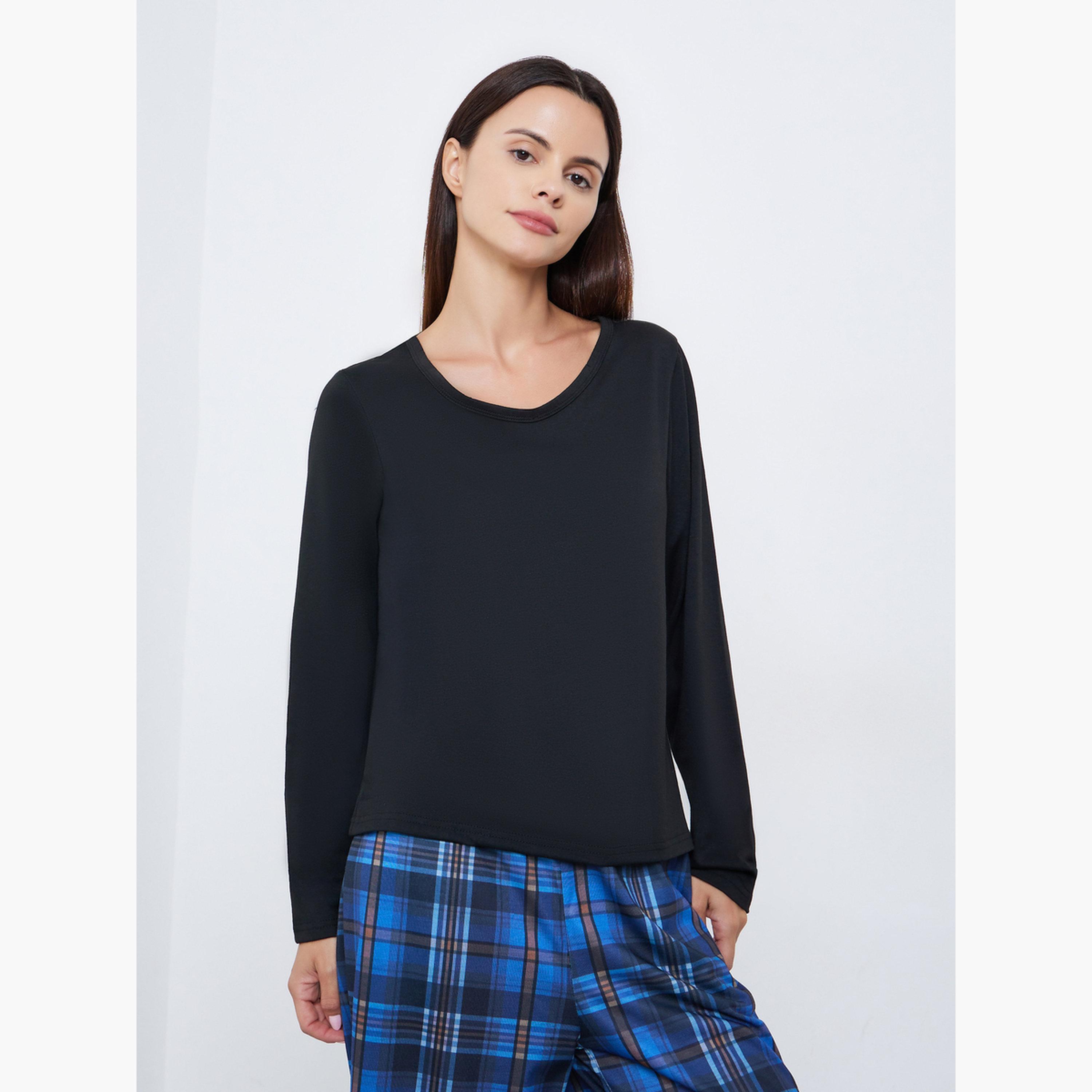 Styli Solid Long Sleeve T-Shirt and Checked Pyjama Set-women-clothing-nightwear-pyjamas-longsets-image-2