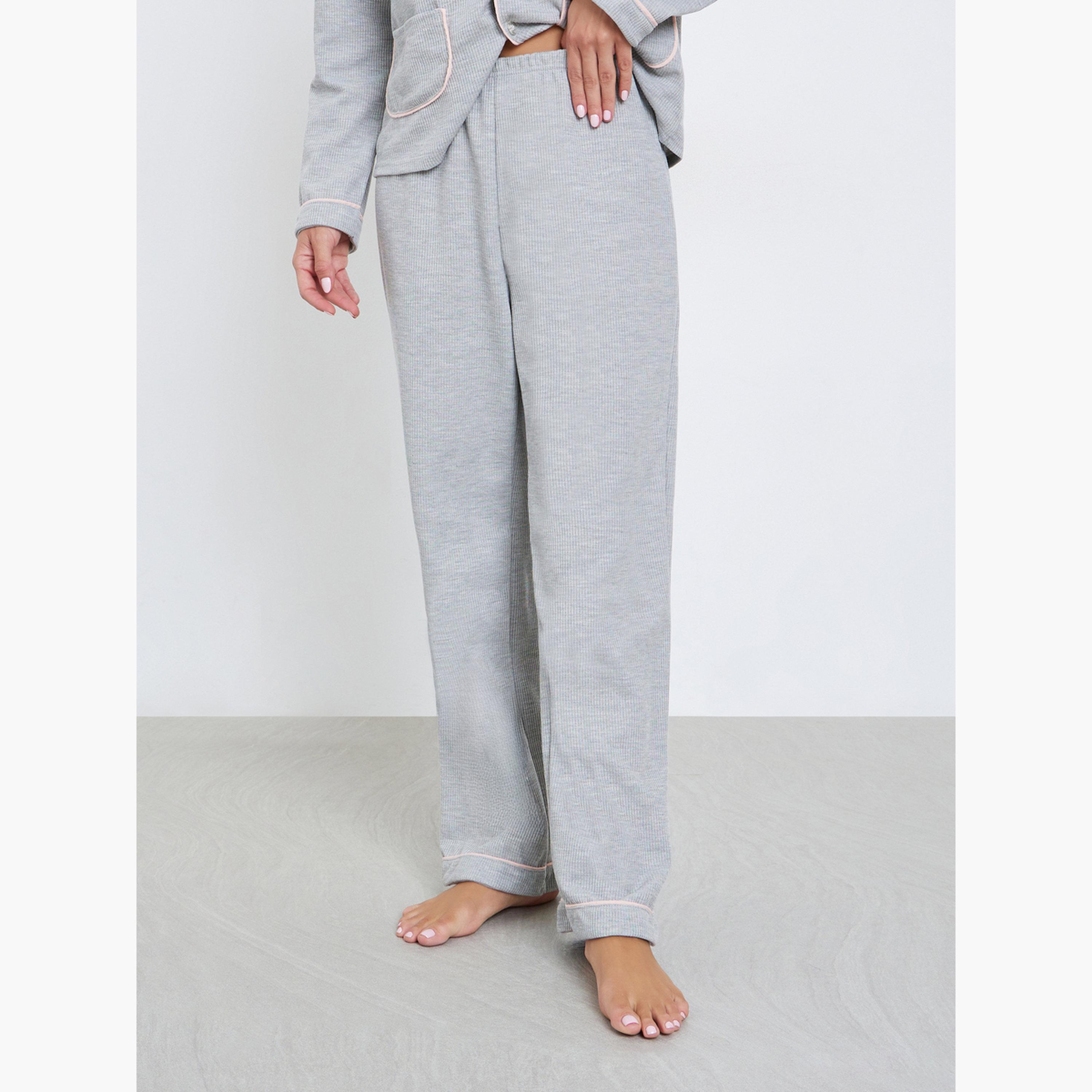 Styli Rib Button Placket Shirt and Pyjama Set-women-clothing-nightwear-pyjamas-longsets-image-4
