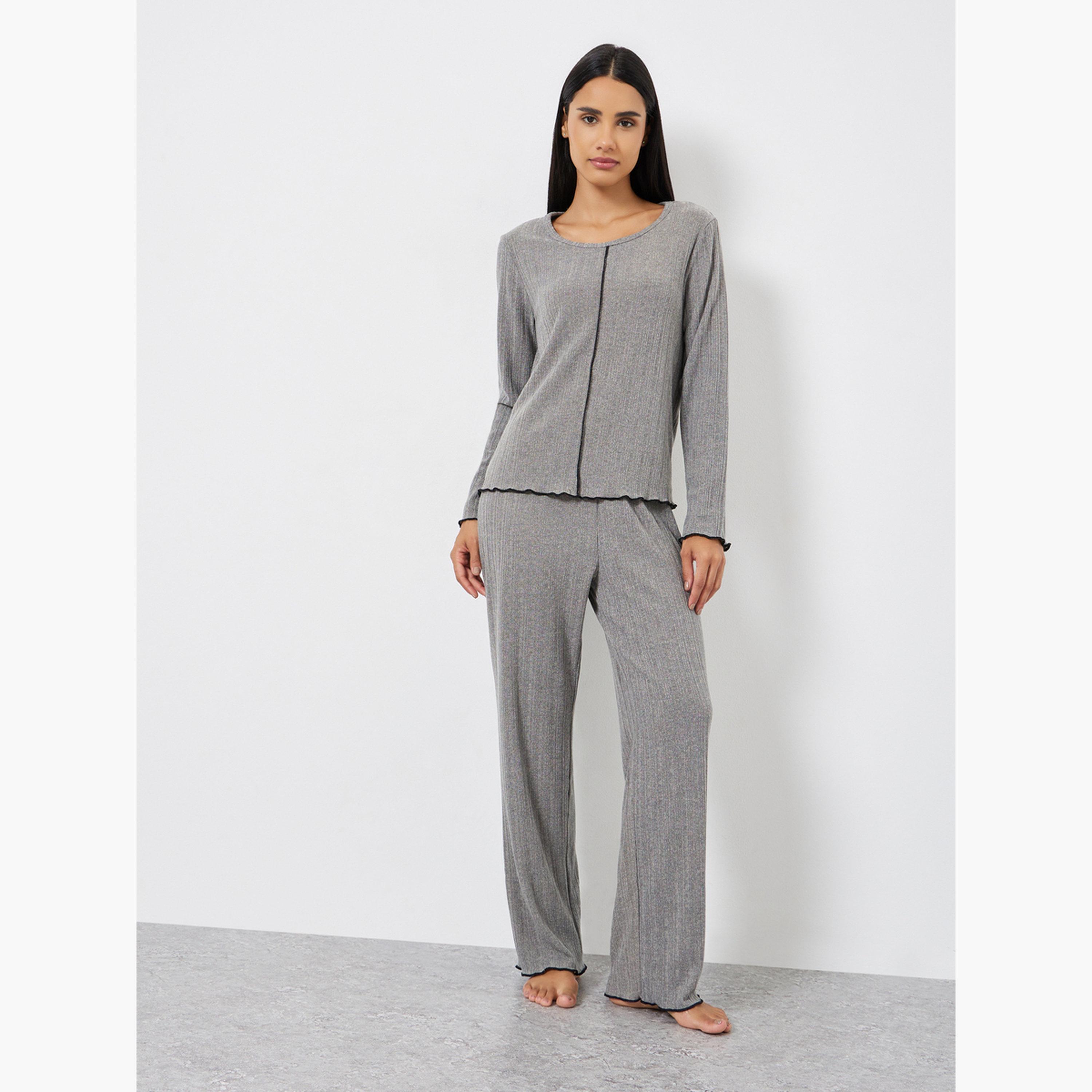 Styli Lettuce Edge Ribbed T-Shirt and Pyjama Set-women-clothing-nightwear-pyjamas-longsets-image-1