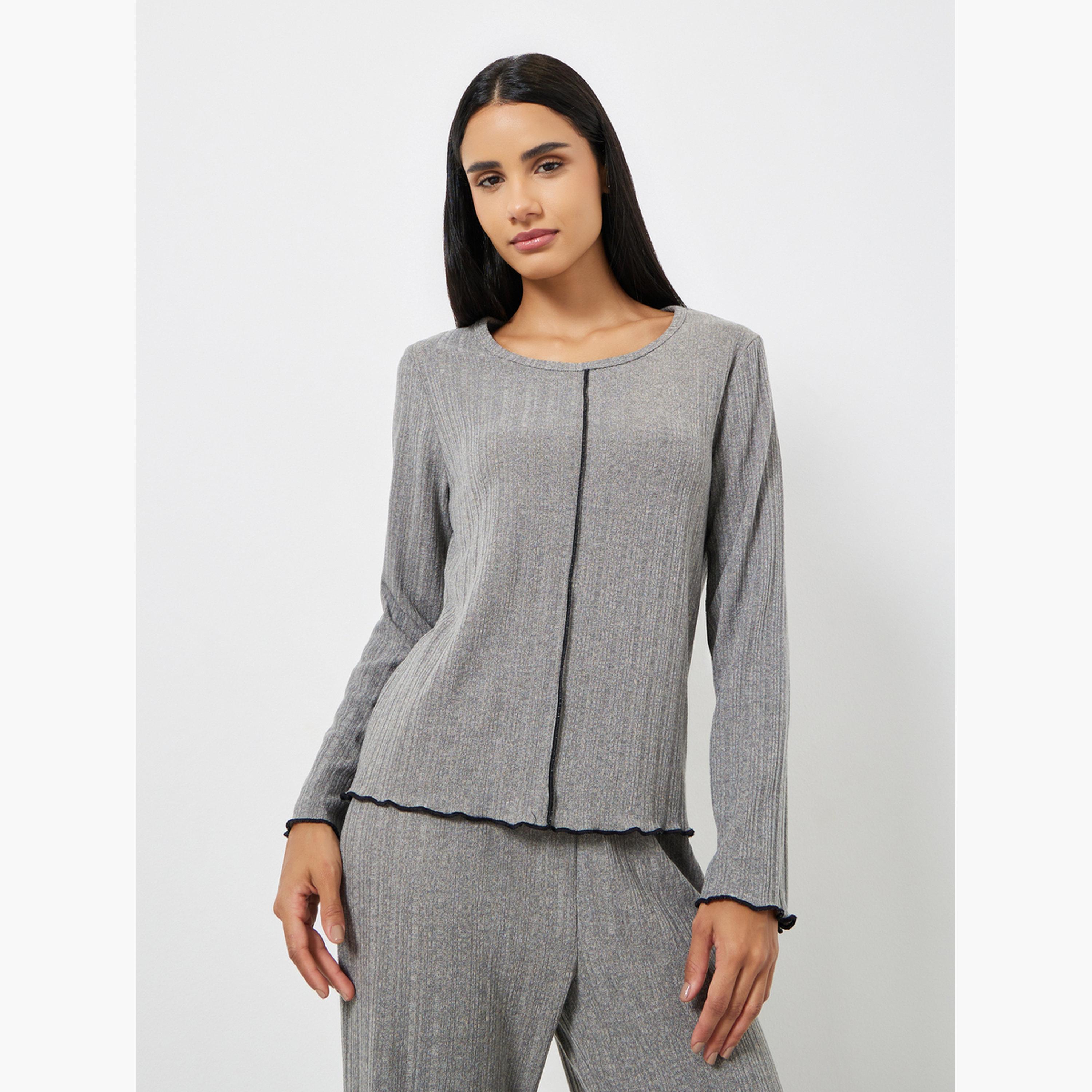 Styli Lettuce Edge Ribbed T-Shirt and Pyjama Set-women-clothing-nightwear-pyjamas-longsets-image-3