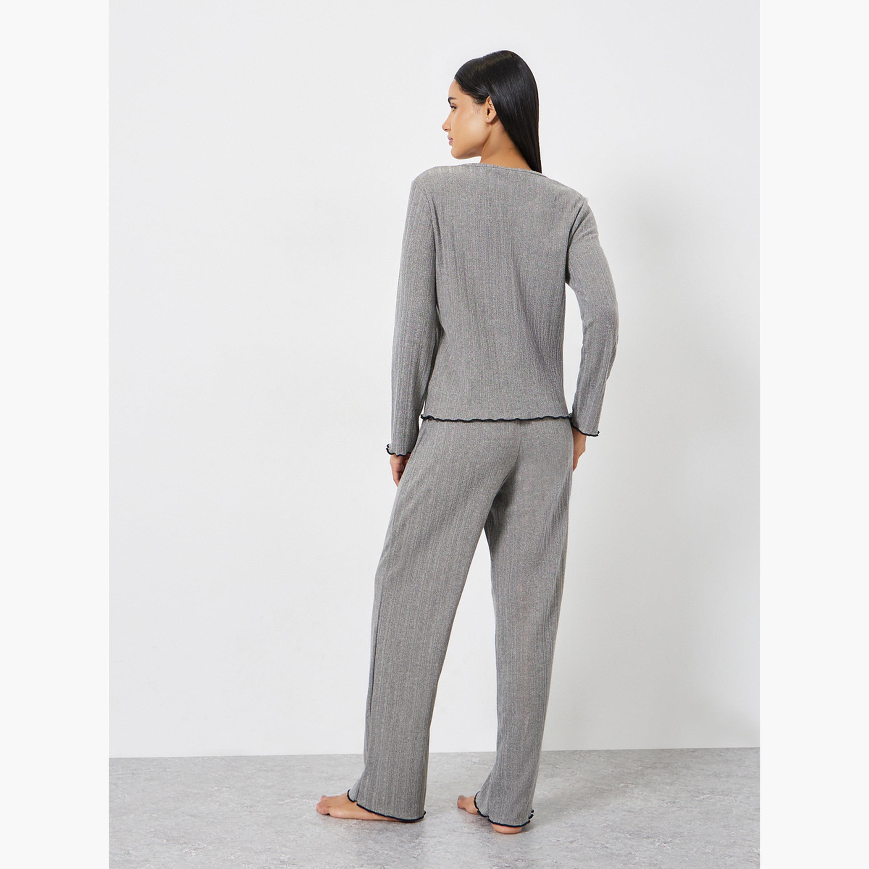 Styli Lettuce Edge Ribbed T-Shirt and Pyjama Set-women-clothing-nightwear-pyjamas-longsets-image-4