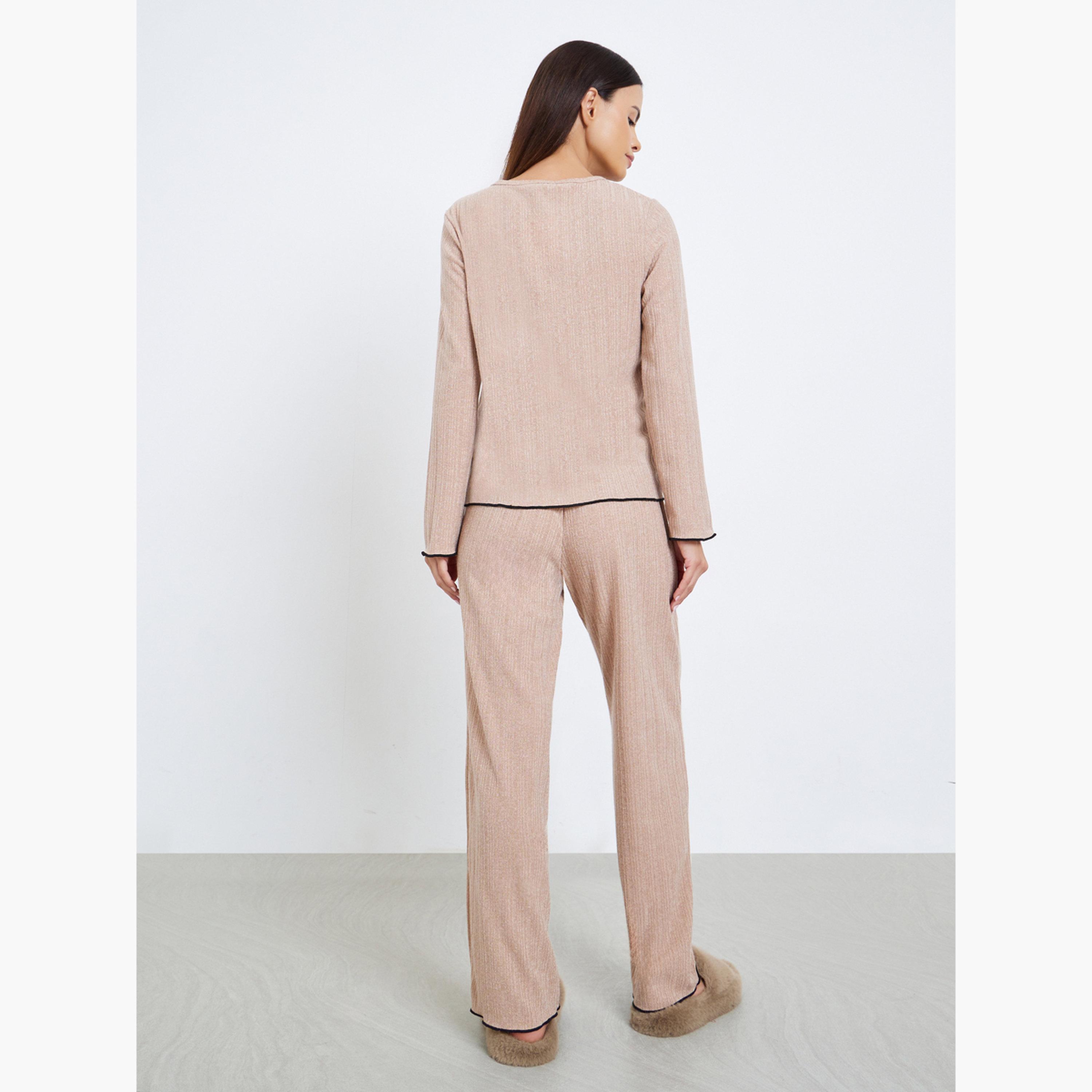 Styli Rib Round Neck T-Shirt and Pyjama Set-women-clothing-nightwear-pyjamas-longsets-image-3