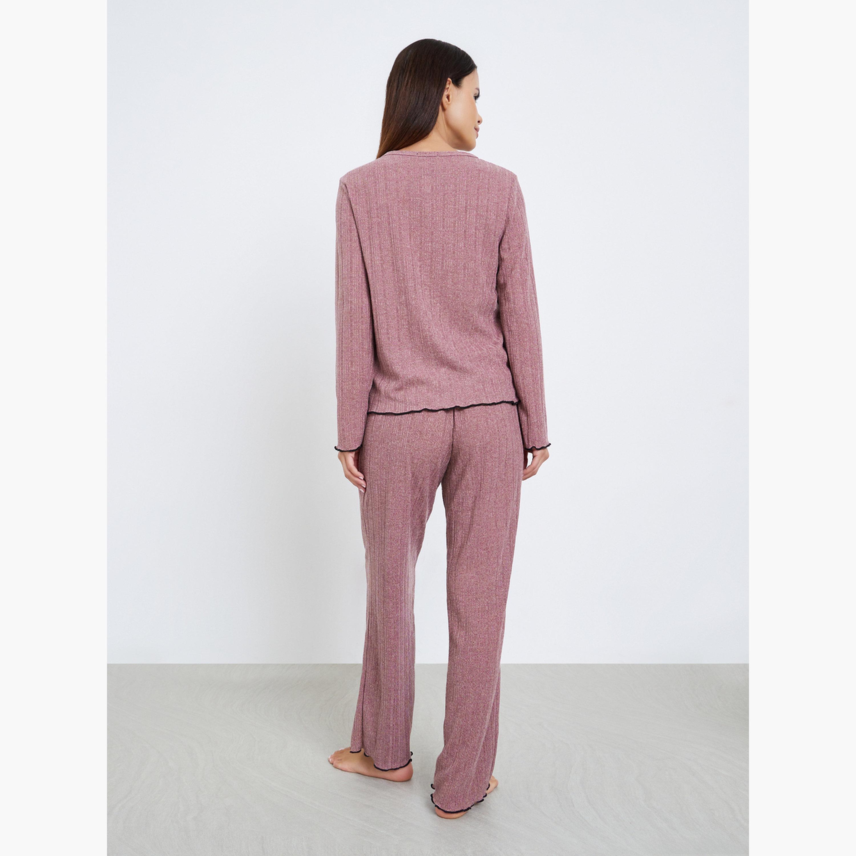 Styli Rib Round Neck T-Shirt and Pyjama Set-women-clothing-nightwear-pyjamas-longsets-image-4