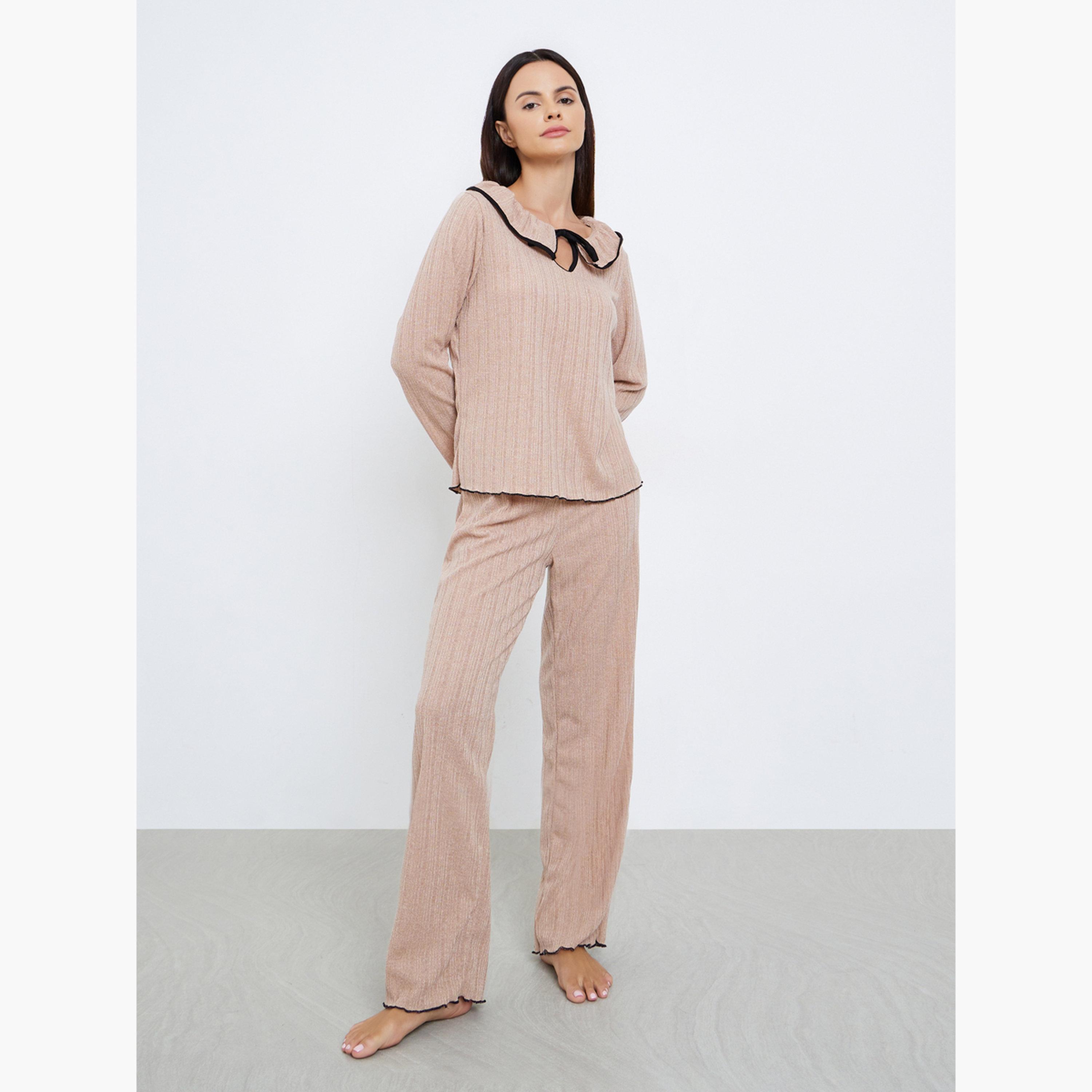 ستايلي - بيجاما بتفاصيل ربطة عنق مضلعة-women-clothing-nightwear-pyjamas-longsets-image-1