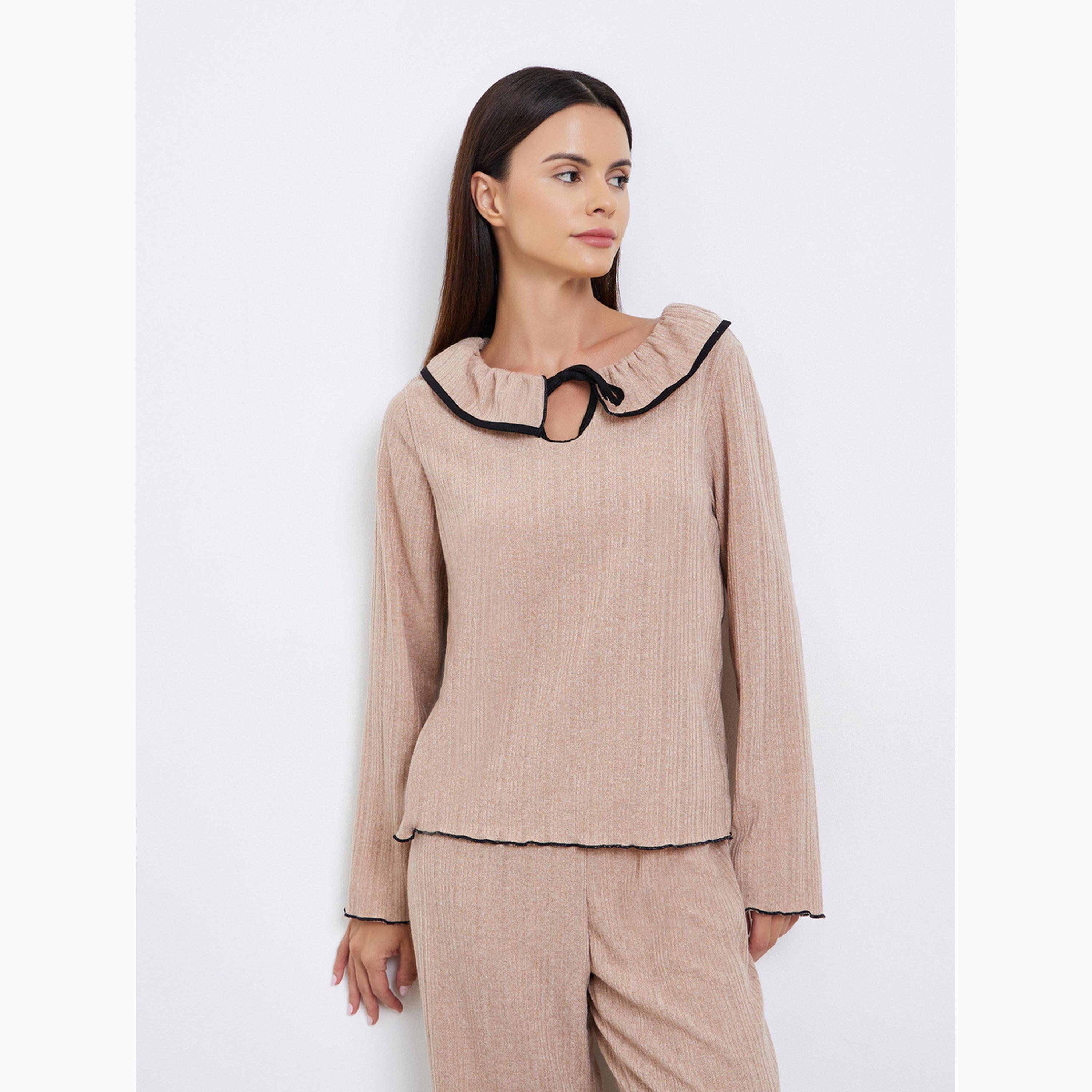 Styli Rib Flounce Tie Detail T-Shirt and Pyjama Set-women-clothing-nightwear-pyjamas-longsets-image-3