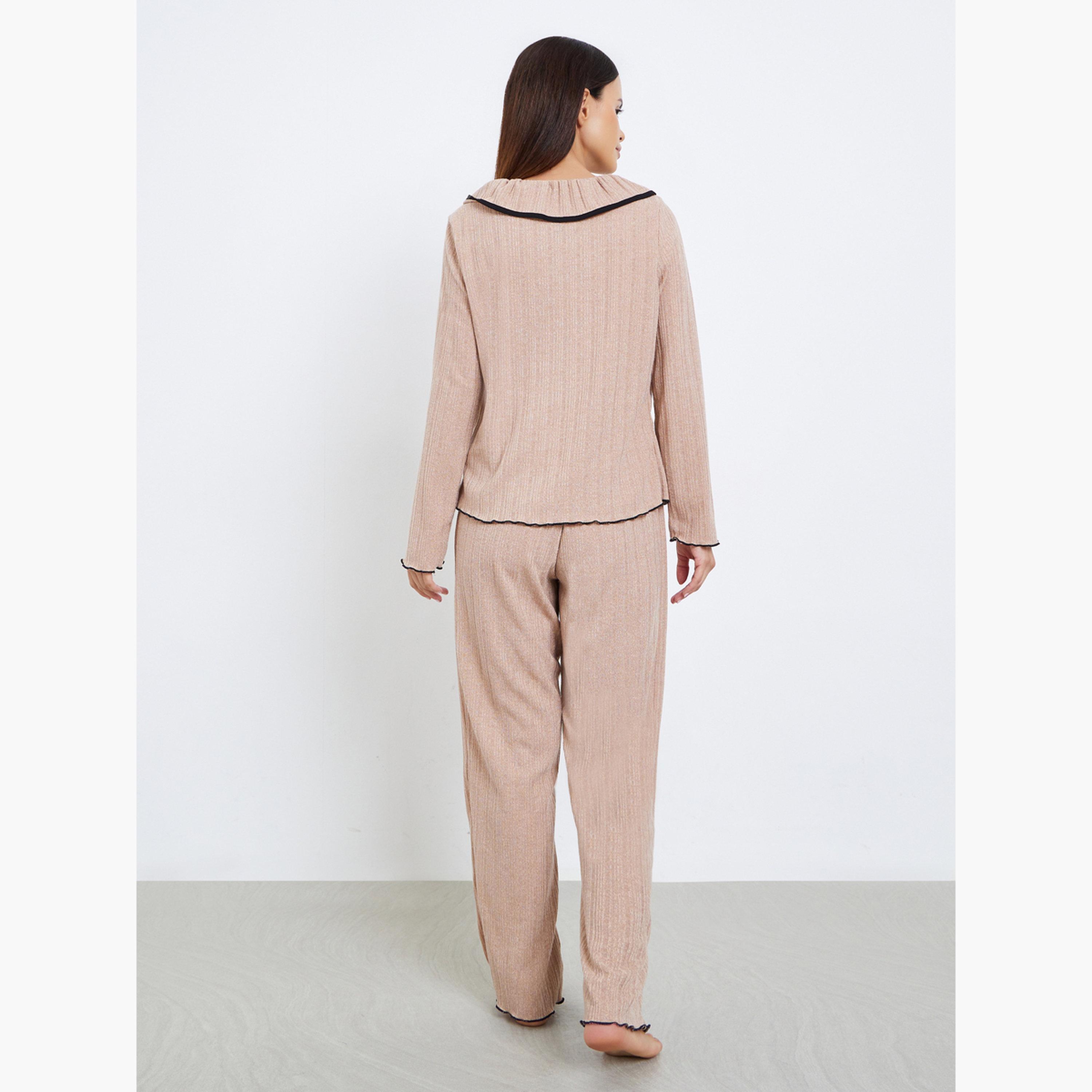 Styli Rib Flounce Tie Detail T-Shirt and Pyjama Set-women-clothing-nightwear-pyjamas-longsets-image-4