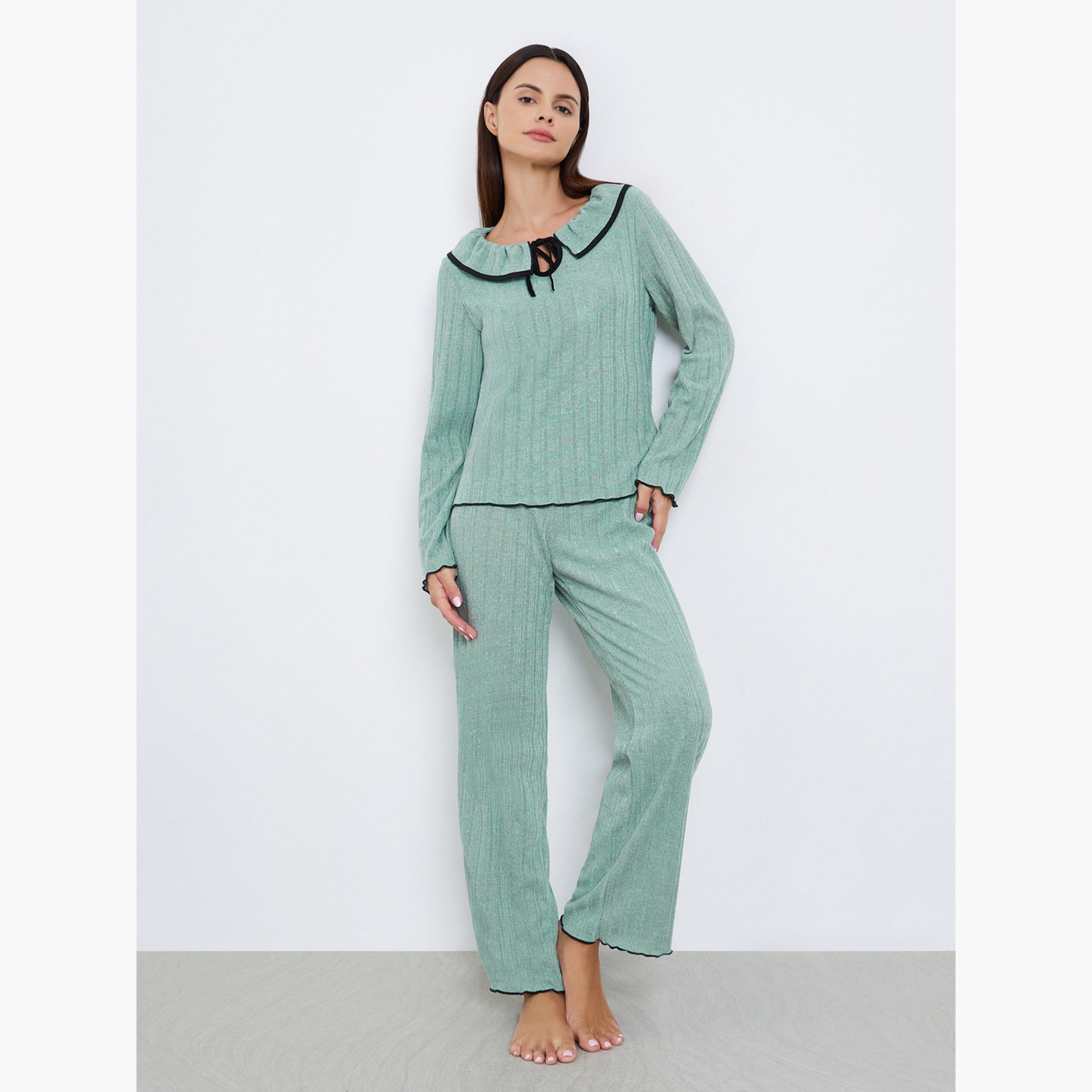 Styli Rib Flounce Tie Detail T-Shirt and Pyjama Set-women-clothing-nightwear-pyjamas-longsets-image-1