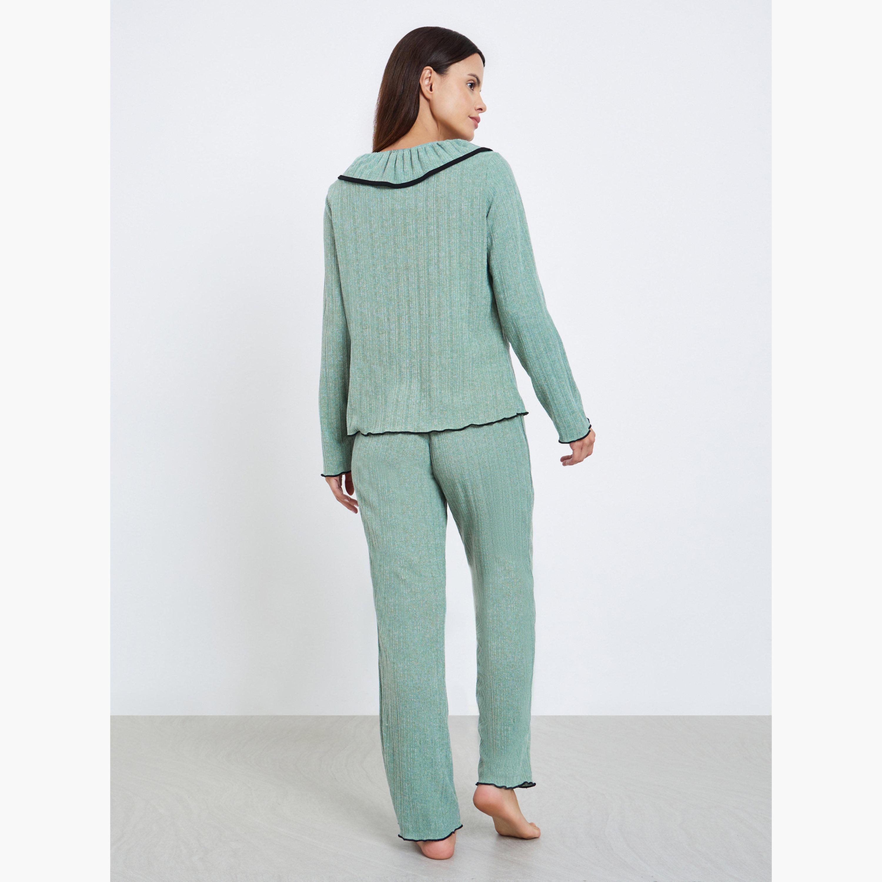 Styli Rib Flounce Tie Detail T-Shirt and Pyjama Set-women-clothing-nightwear-pyjamas-longsets-image-3