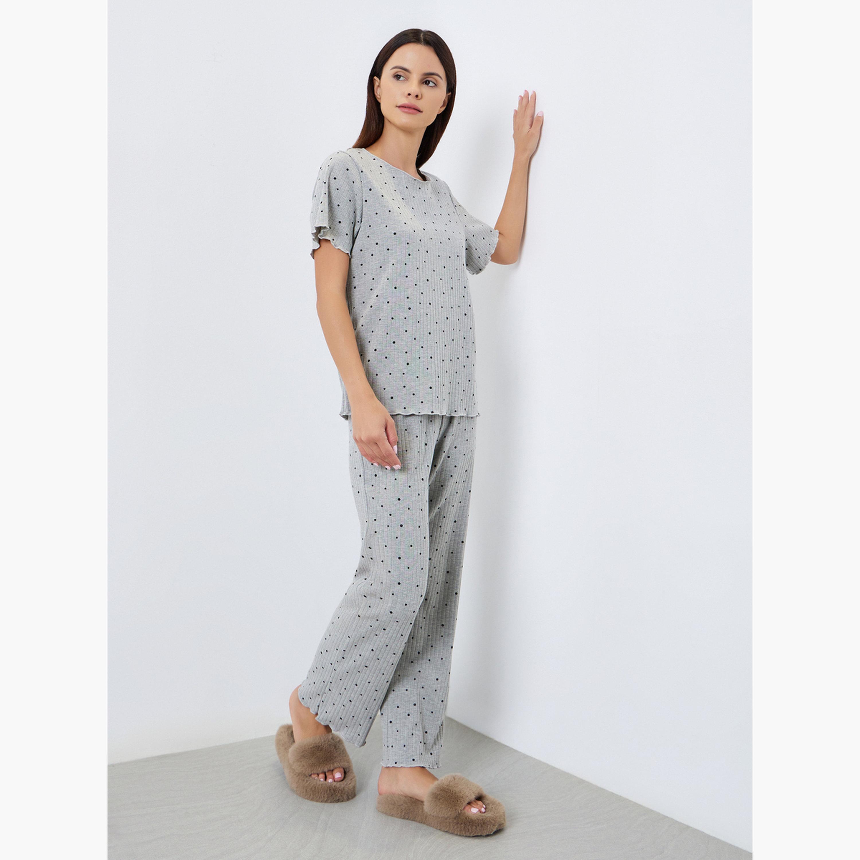 Styli Polka Dot Print Ribbed T-Shirt and Pyjama Set-women-clothing-nightwear-pyjamas-longsets-image-1