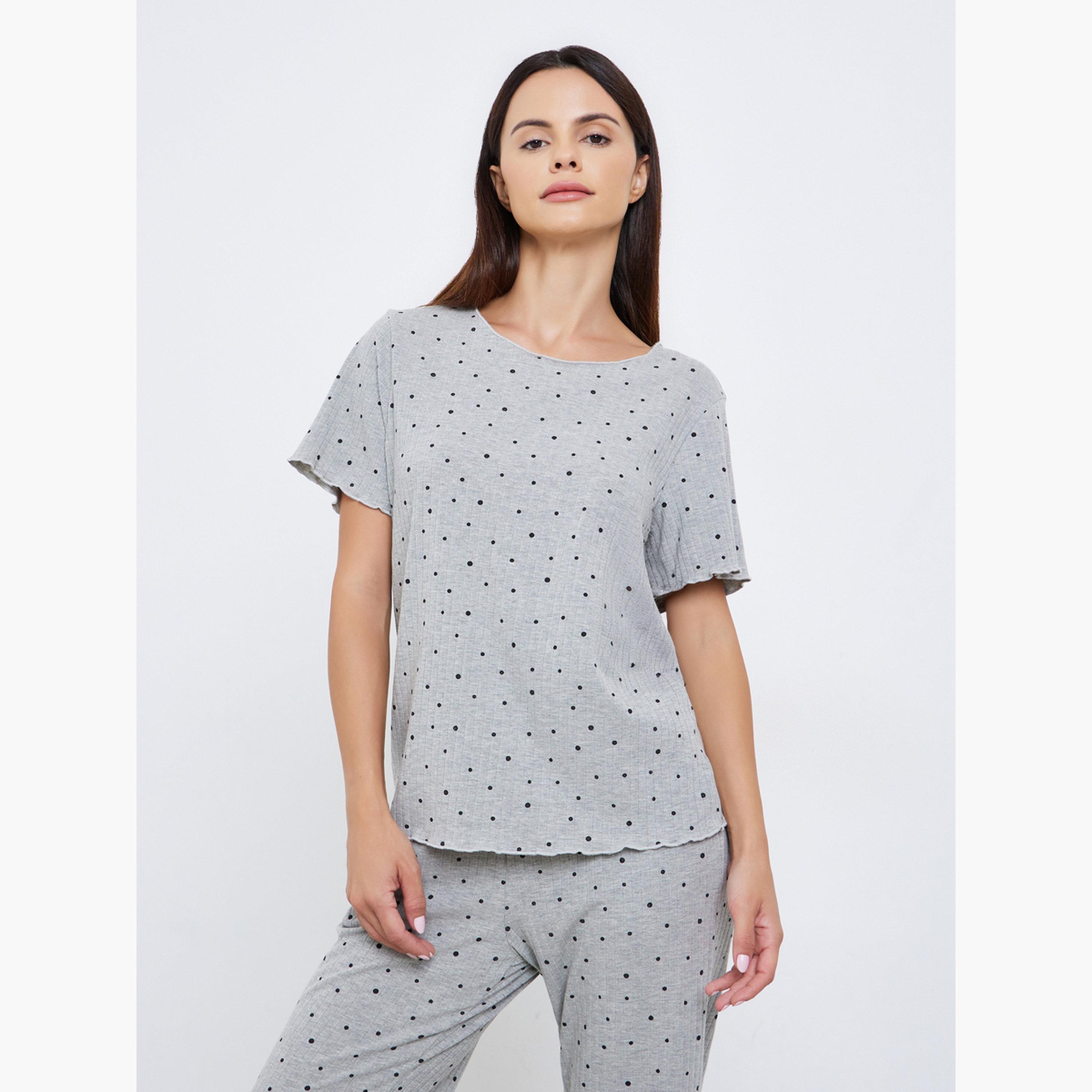 طقم بيجاما من بنطال وتيشيرت مضلع بطبعة نقاط بولكا-women-clothing-nightwear-pyjamas-longsets-image-2