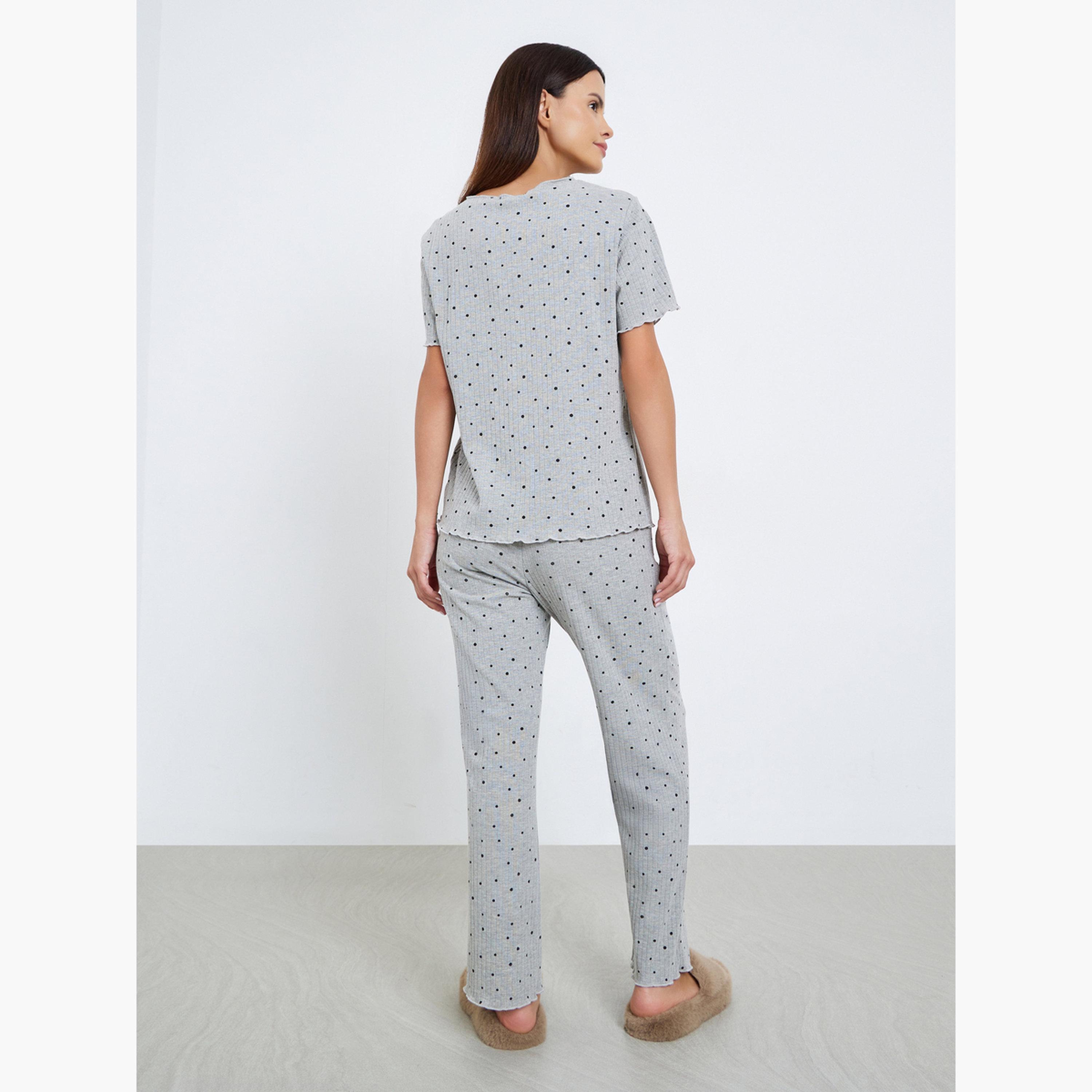 Styli Polka Dot Print Ribbed T-Shirt and Pyjama Set-women-clothing-nightwear-pyjamas-longsets-image-3