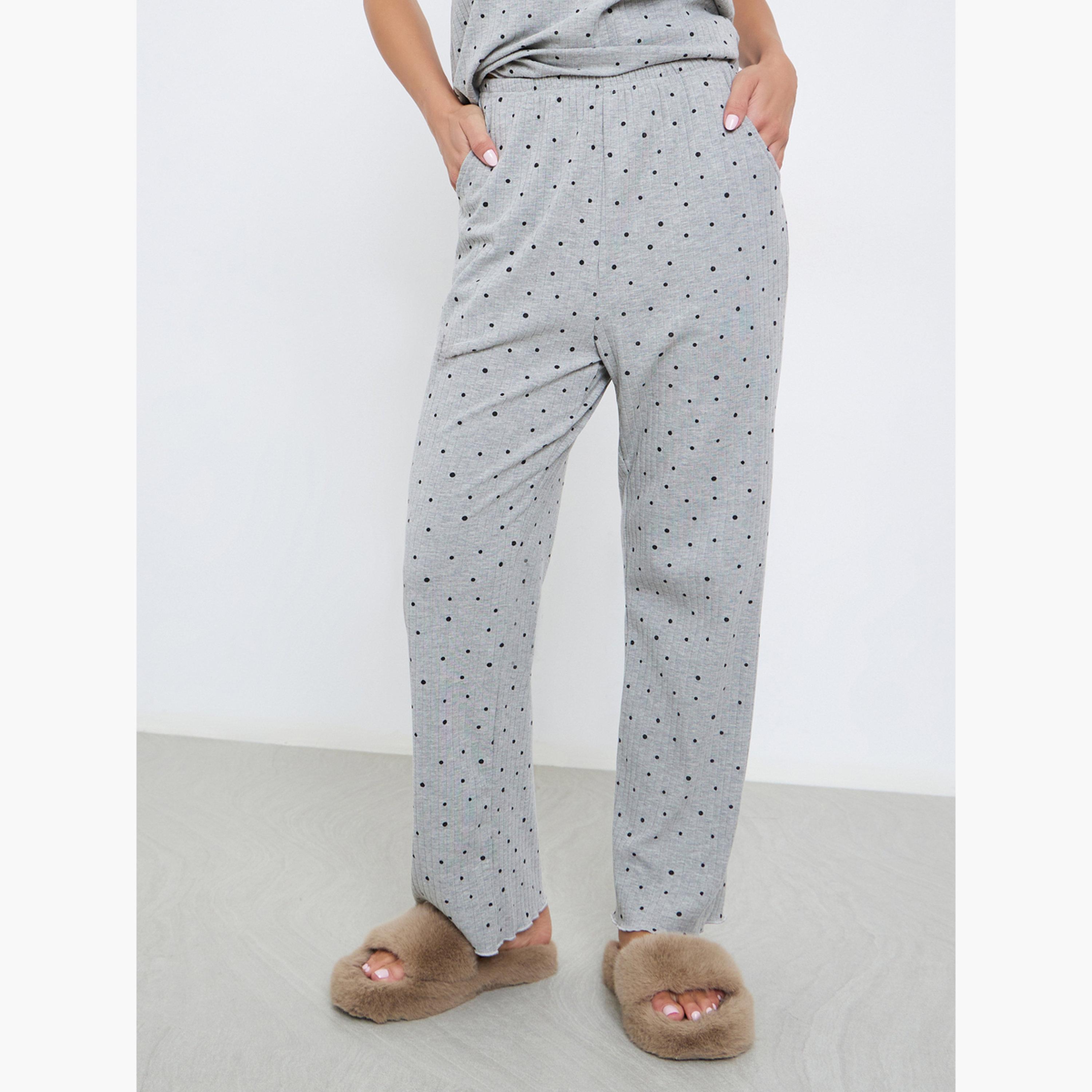 طقم بيجاما من بنطال وتيشيرت مضلع بطبعة نقاط بولكا-women-clothing-nightwear-pyjamas-longsets-image-4