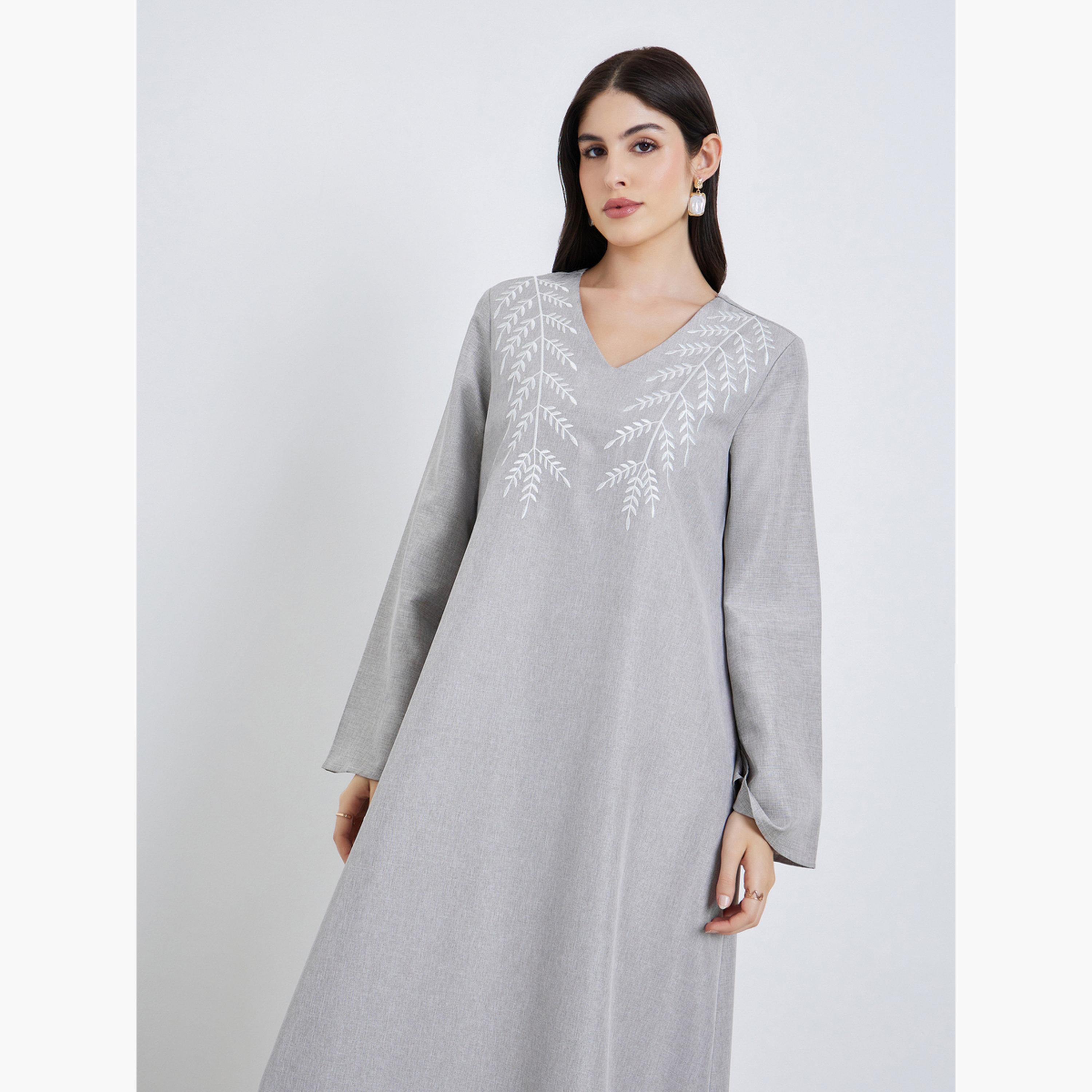 Styli Women Grey Embroidered Long Sleeve Jalabiya-women-arabicclothing-jalabiyas-image-2