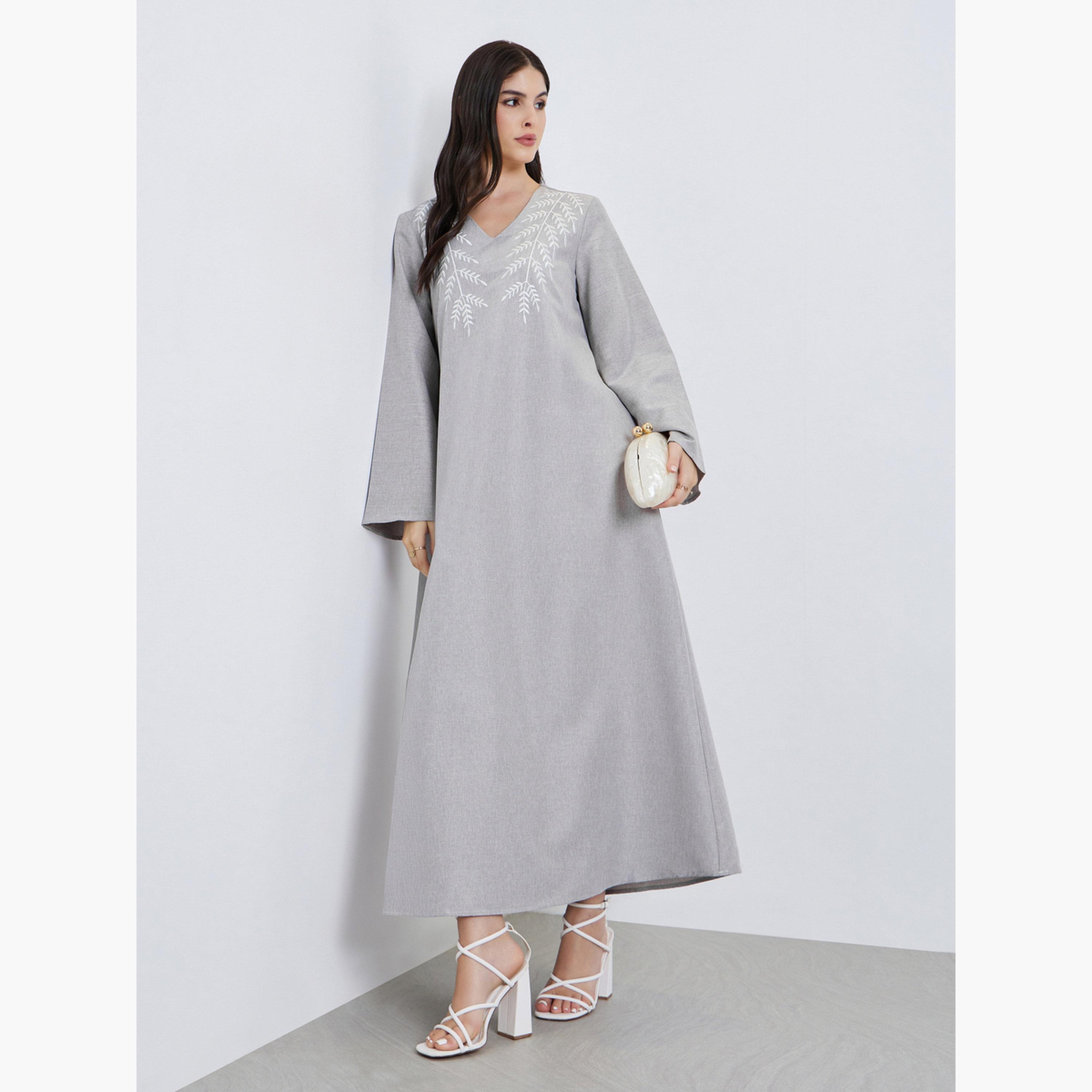 Styli Women Grey Embroidered Long Sleeve Jalabiya-women-arabicclothing-jalabiyas-image-3