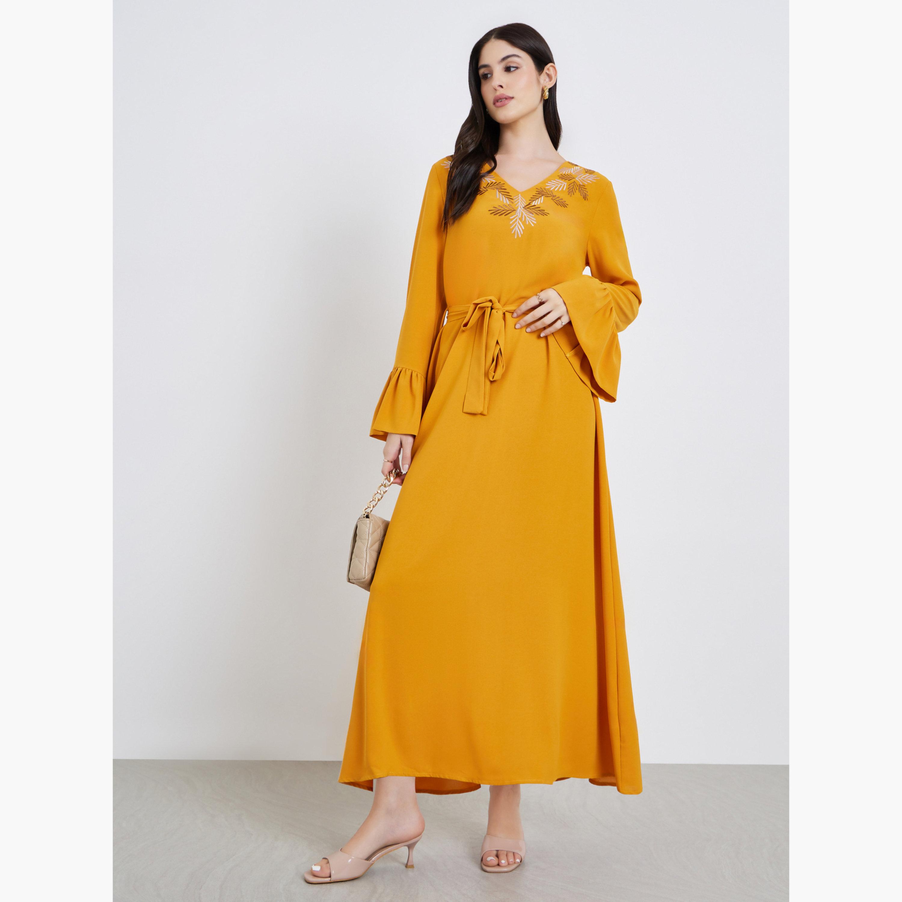 Styli Women Yellow Embroidered Flounce Sleeve Jalabiya-women-arabicclothing-jalabiyas-image-1