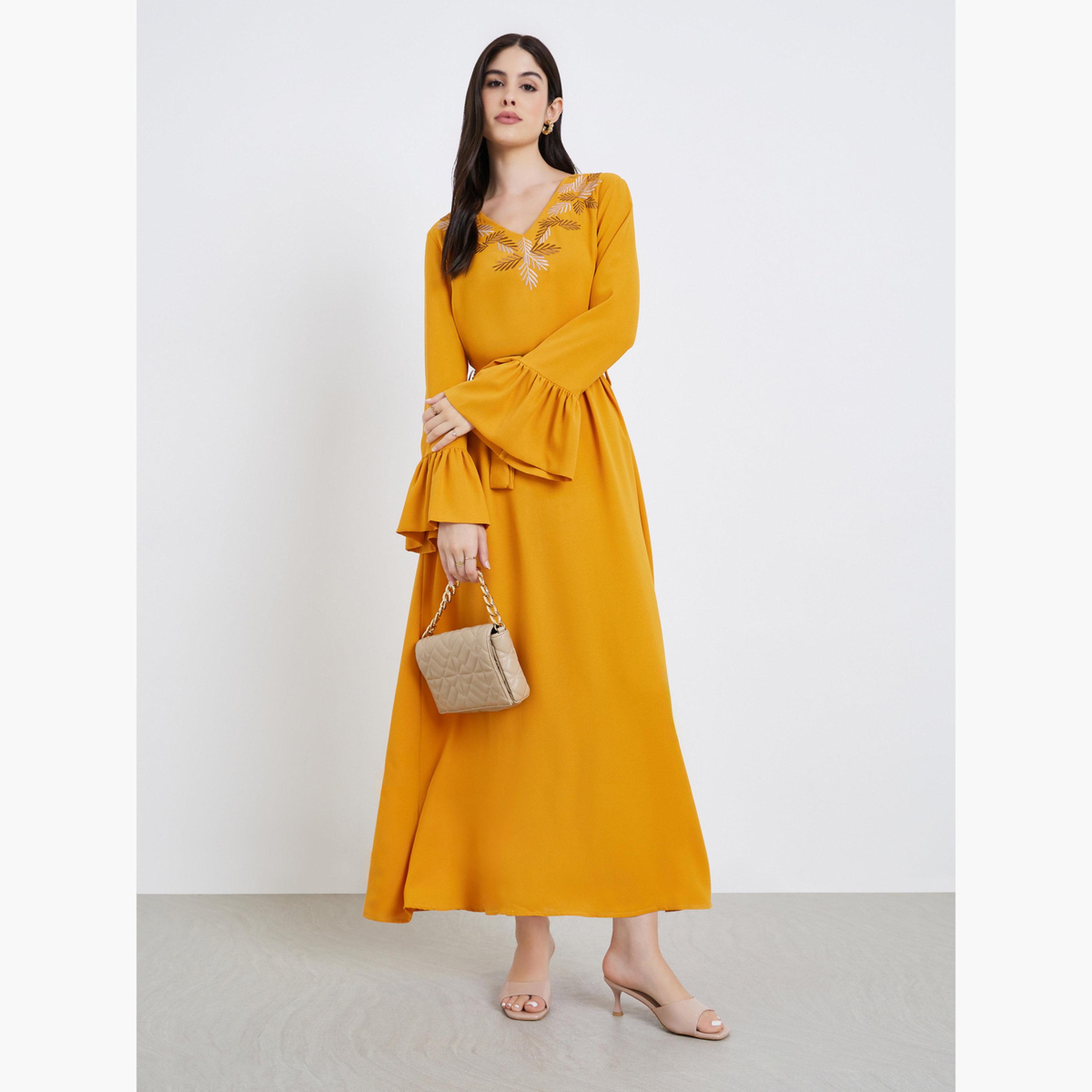 Styli Women Yellow Embroidered Flounce Sleeve Jalabiya-women-arabicclothing-jalabiyas-image-3