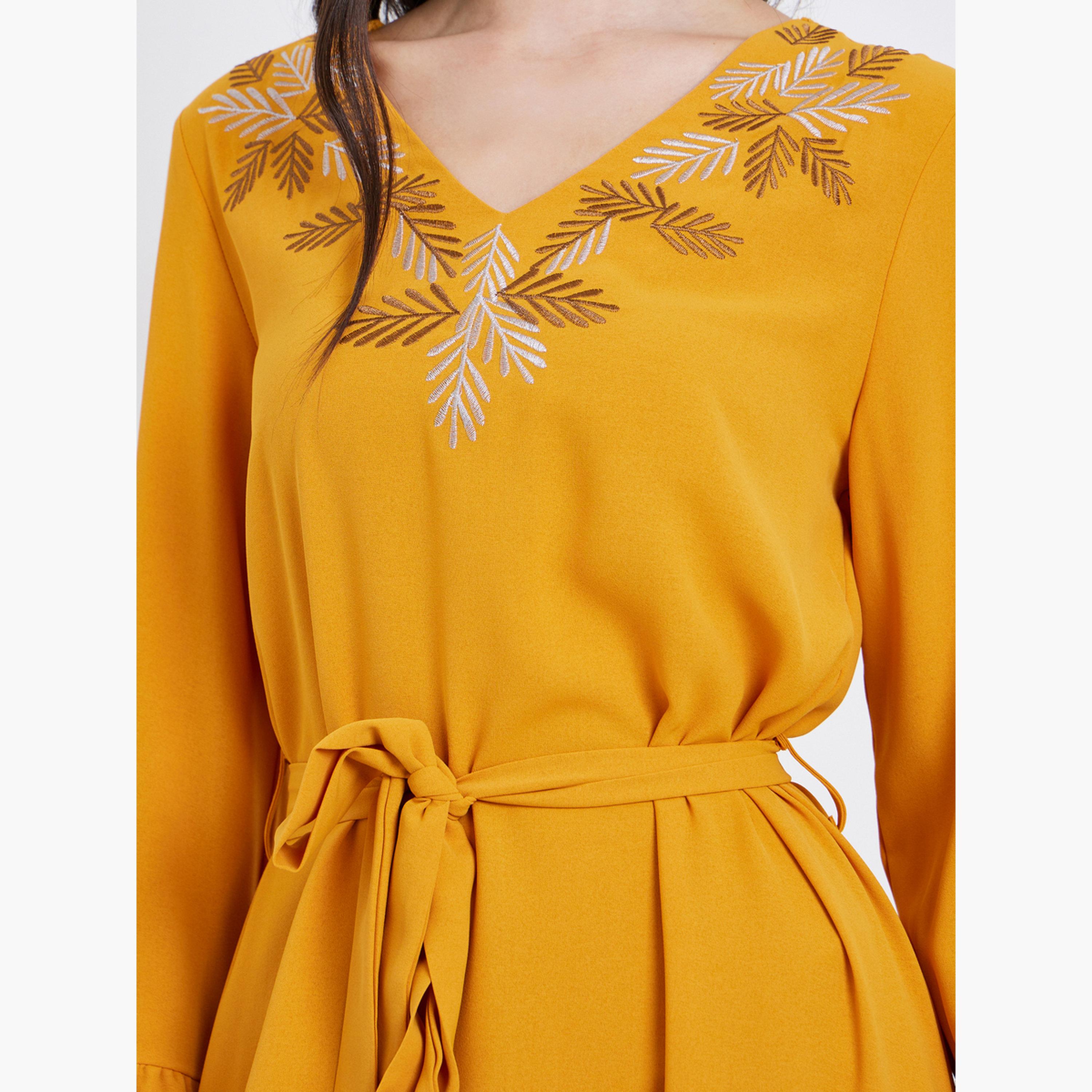 Styli Women Yellow Embroidered Flounce Sleeve Jalabiya-women-arabicclothing-jalabiyas-image-4