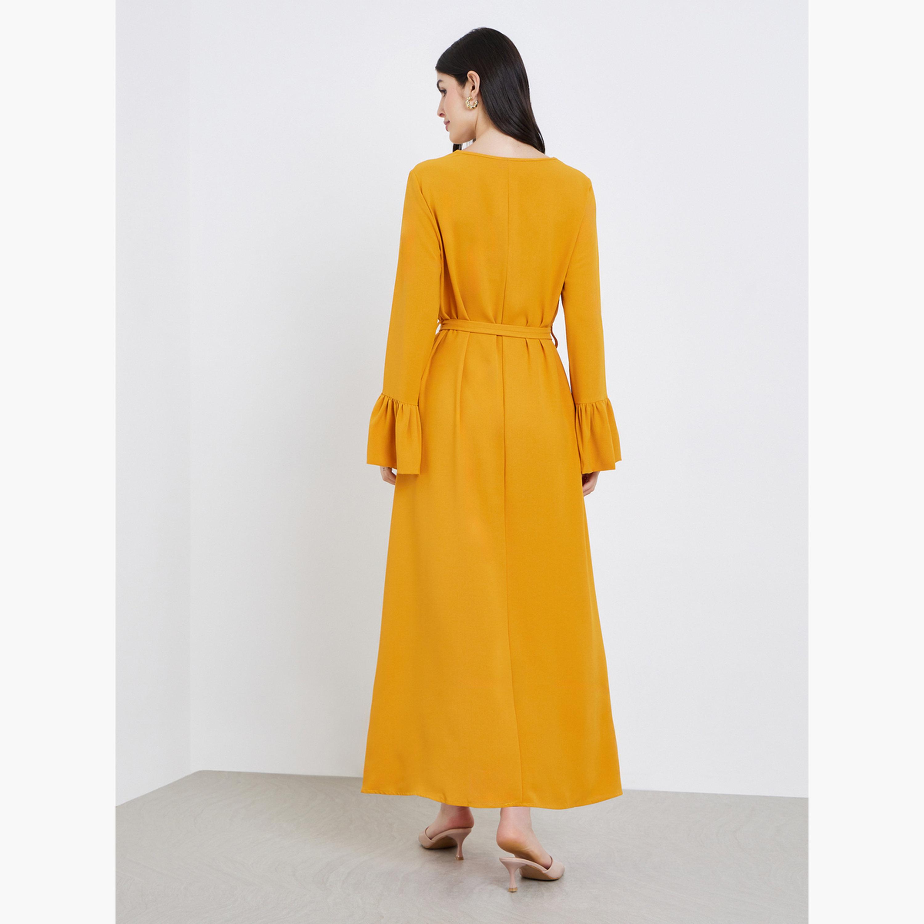 Styli Women Yellow Embroidered Flounce Sleeve Jalabiya-women-arabicclothing-jalabiyas-image-5