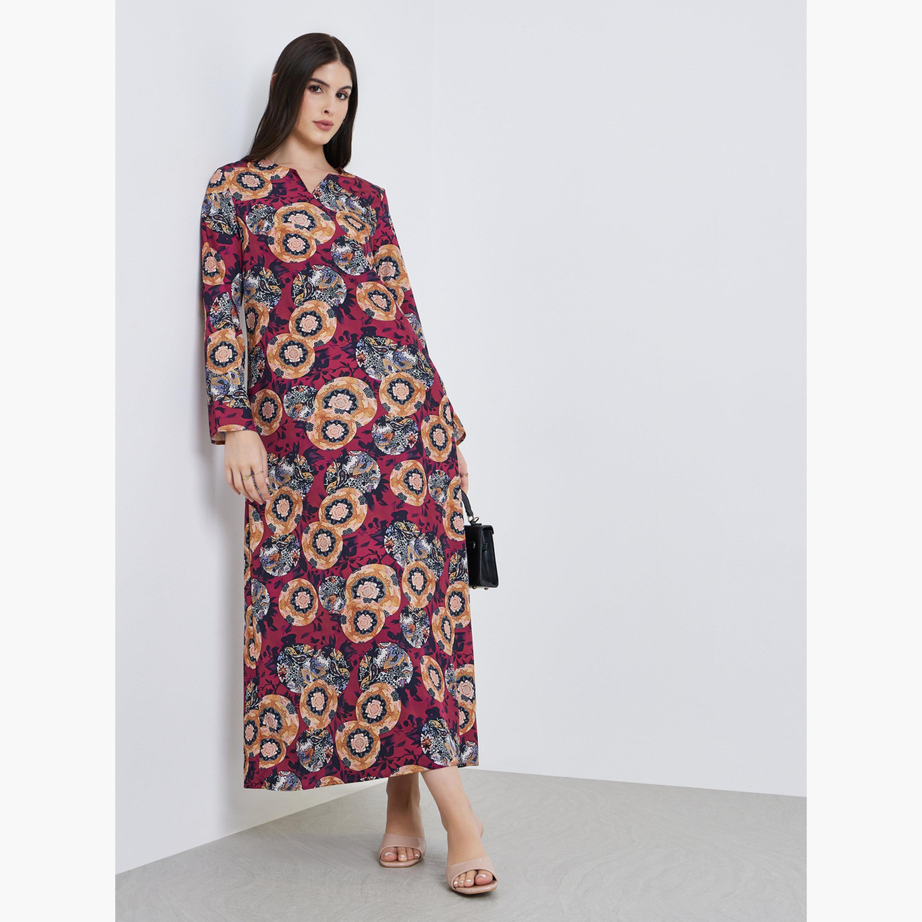جلابية بأكمام طويلة بطبعة زهور-women-arabicclothing-jalabiyas-image-1