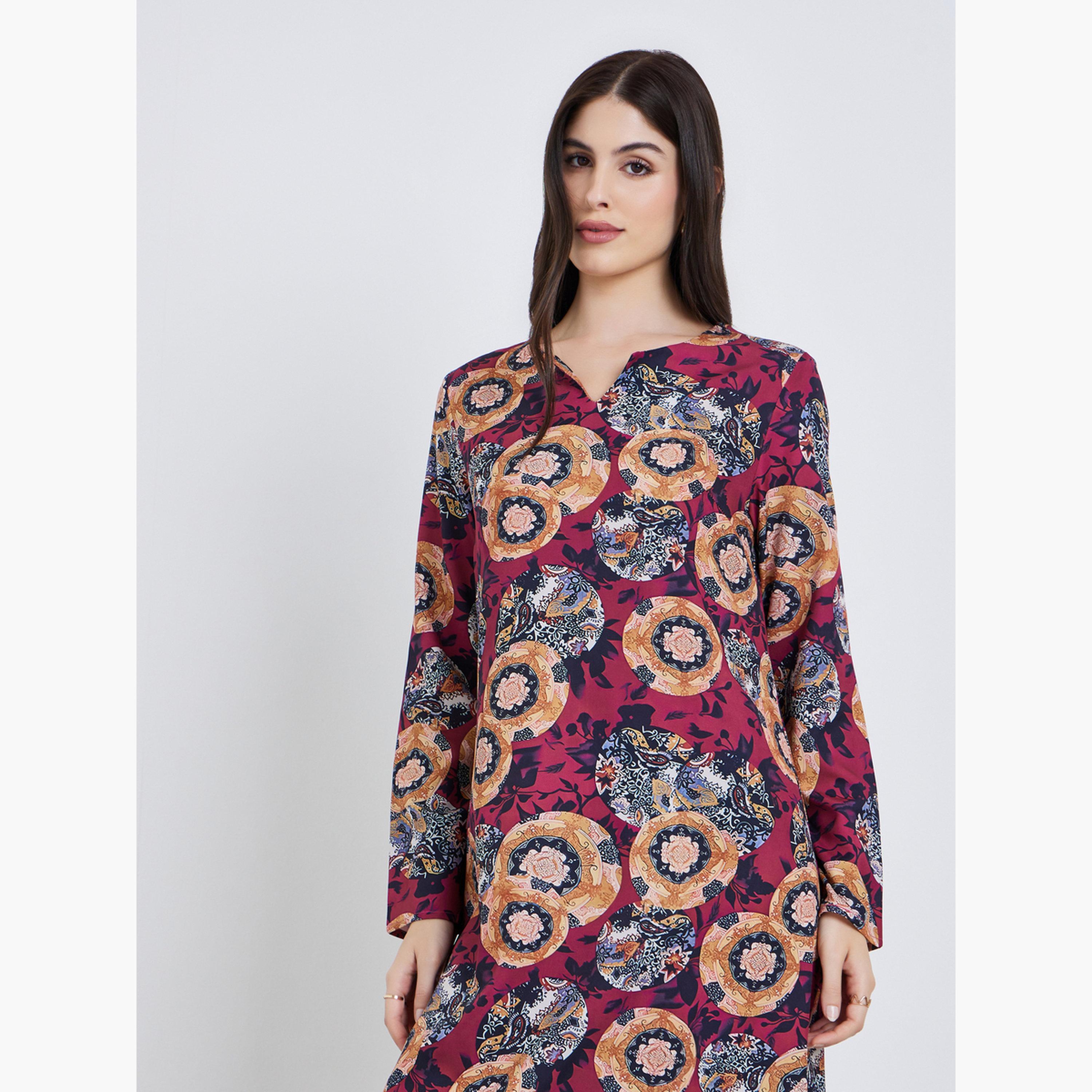 جلابية بأكمام طويلة بطبعة زهور-women-arabicclothing-jalabiyas-image-3