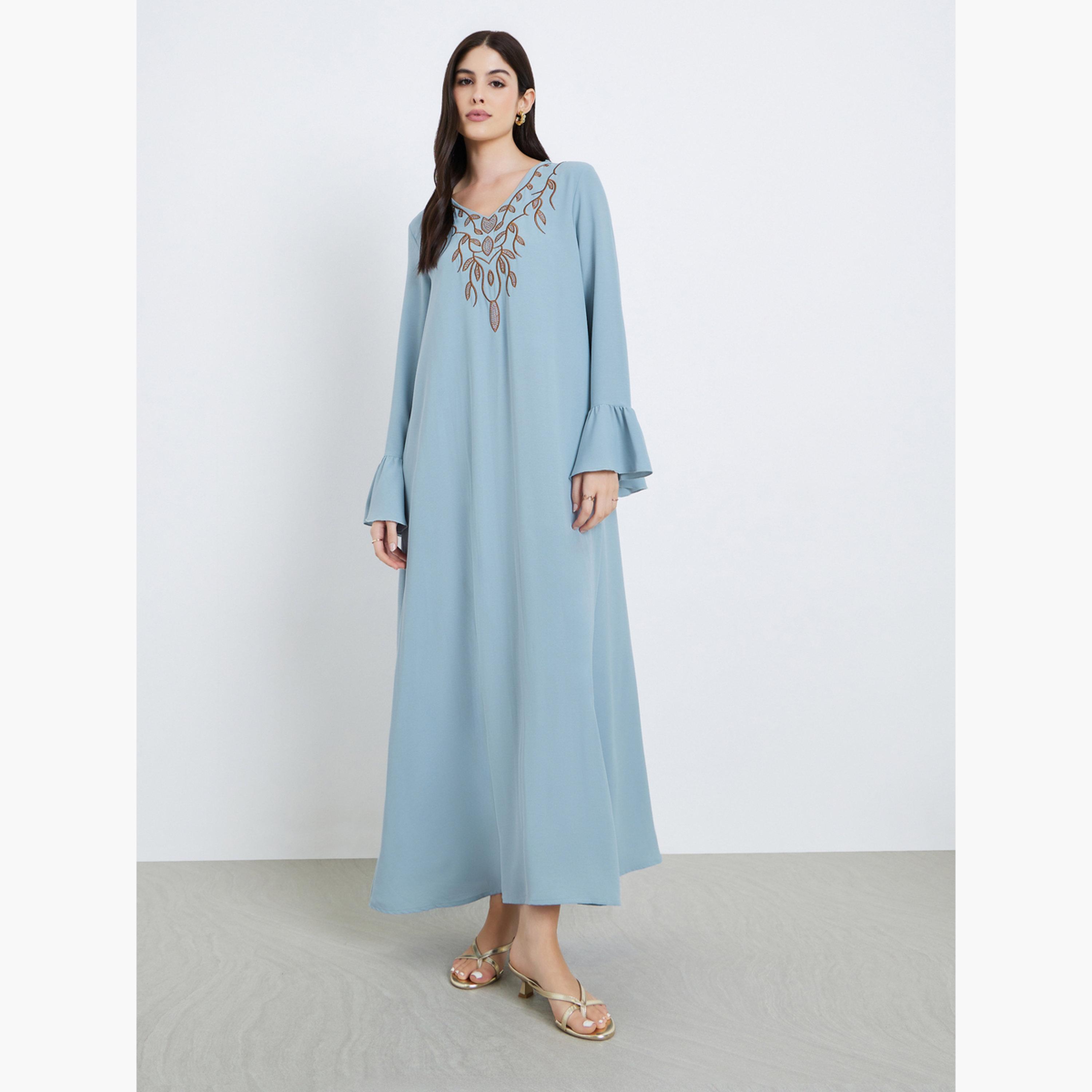 Styli Women Blue Maxi Jalabiya with Embroidered Detail-women-arabicclothing-jalabiyas-image-1