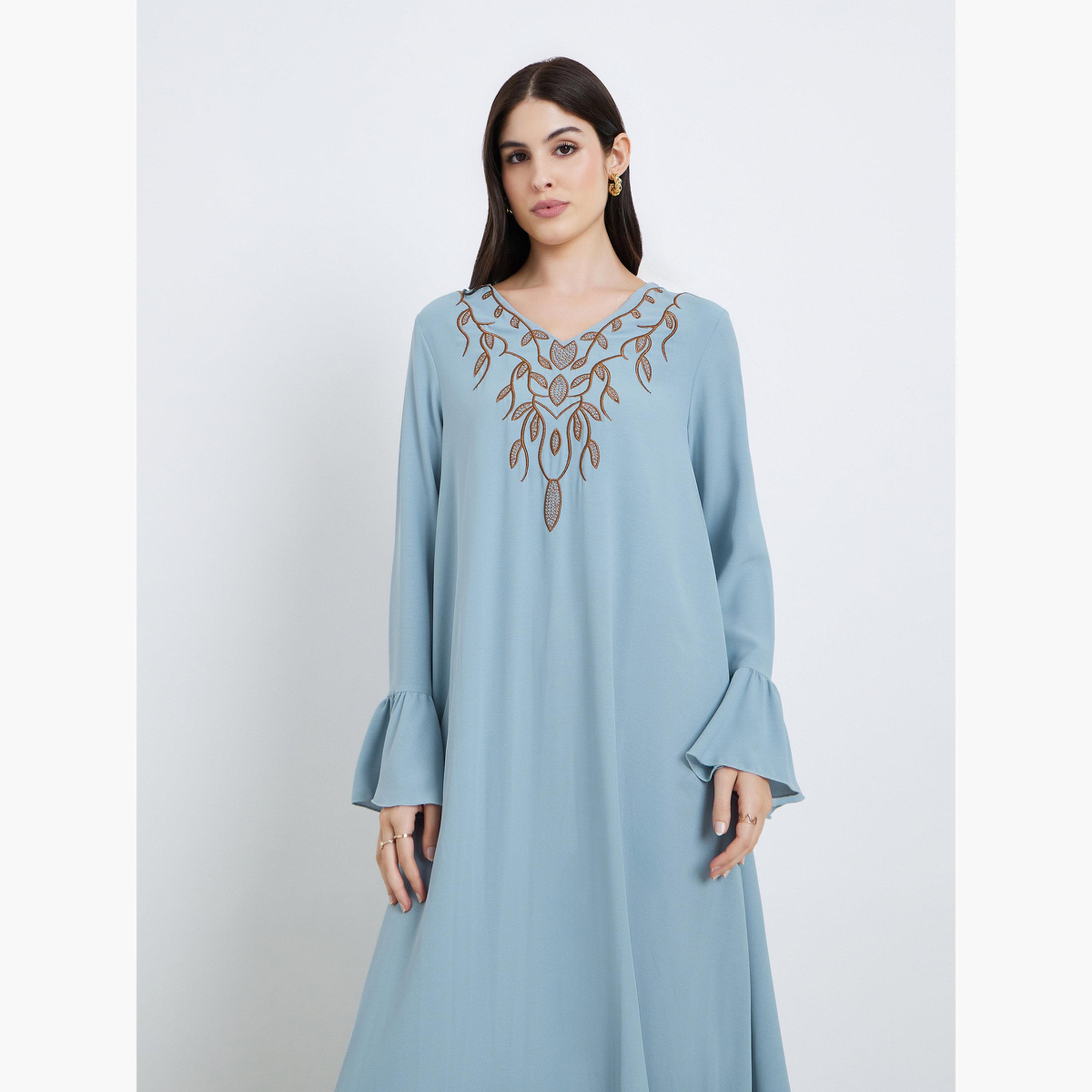 Styli Women Blue Maxi Jalabiya with Embroidered Detail-women-arabicclothing-jalabiyas-image-2