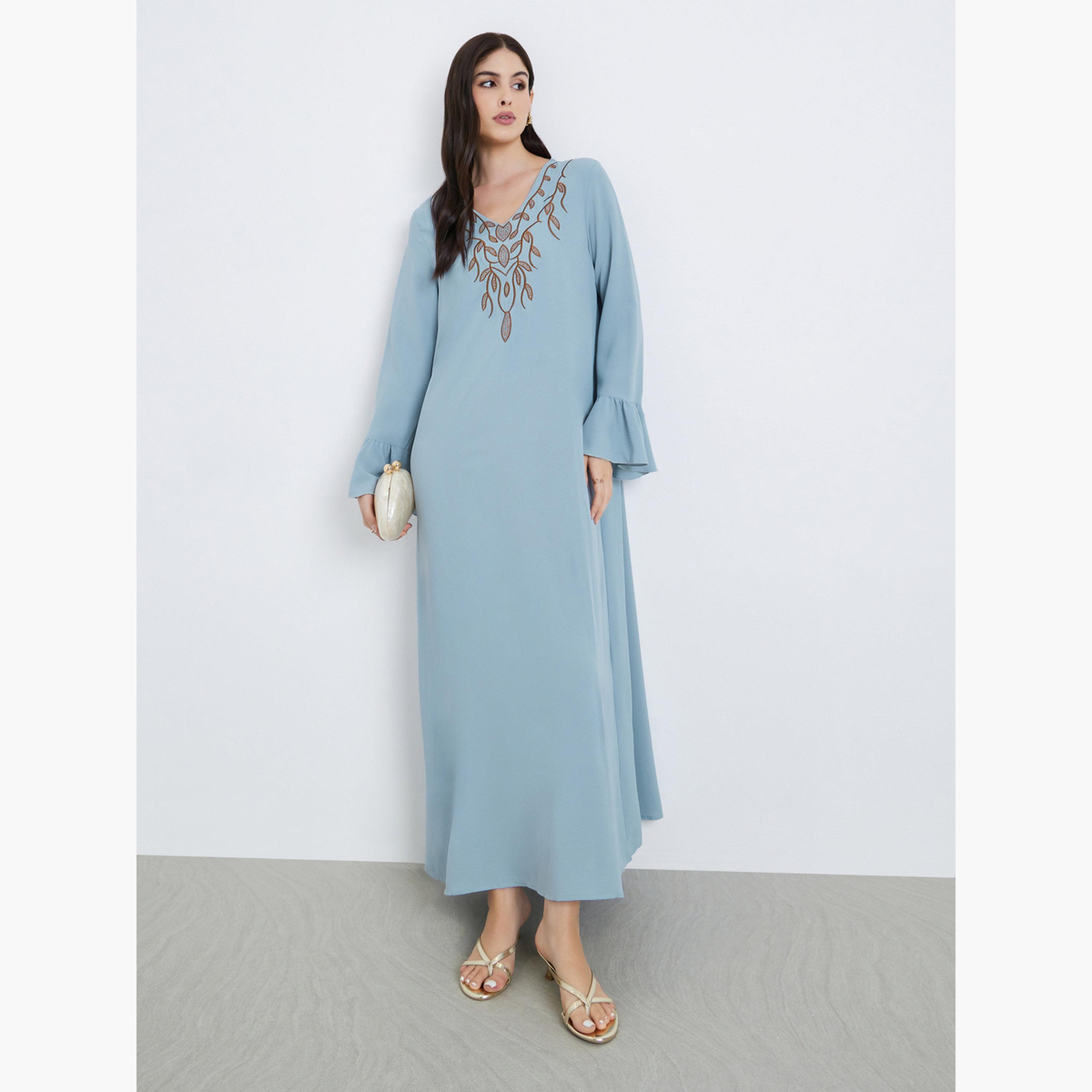 Styli Women Blue Maxi Jalabiya with Embroidered Detail-women-arabicclothing-jalabiyas-image-3