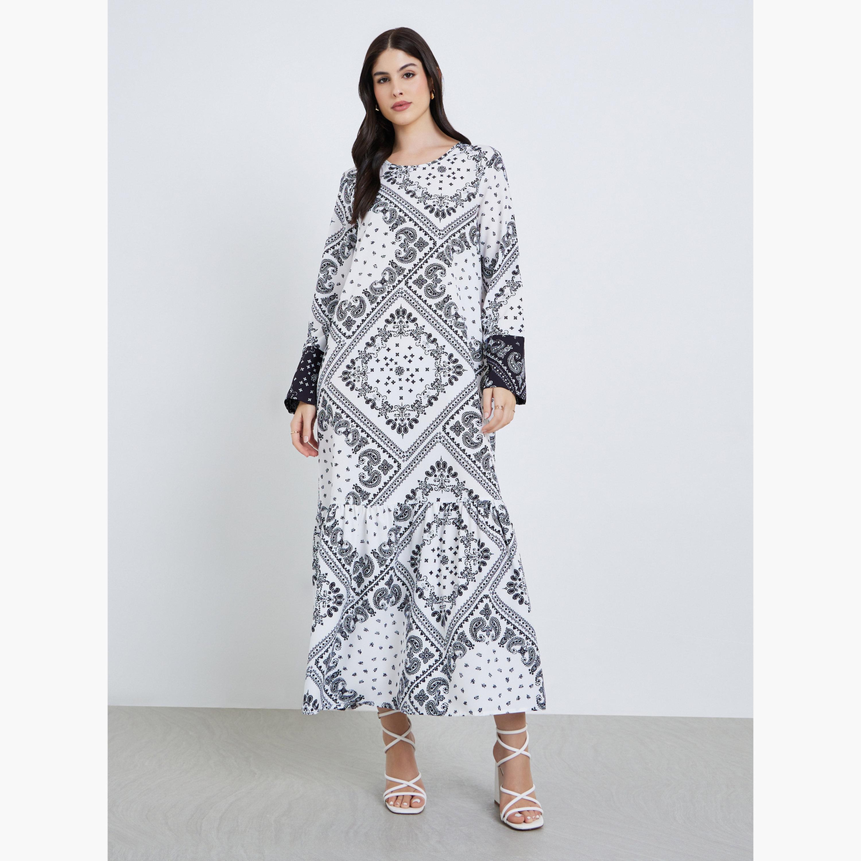 جلابية بأكمام طويلة بطبعة شاملة-women-arabicclothing-jalabiyas-image-1