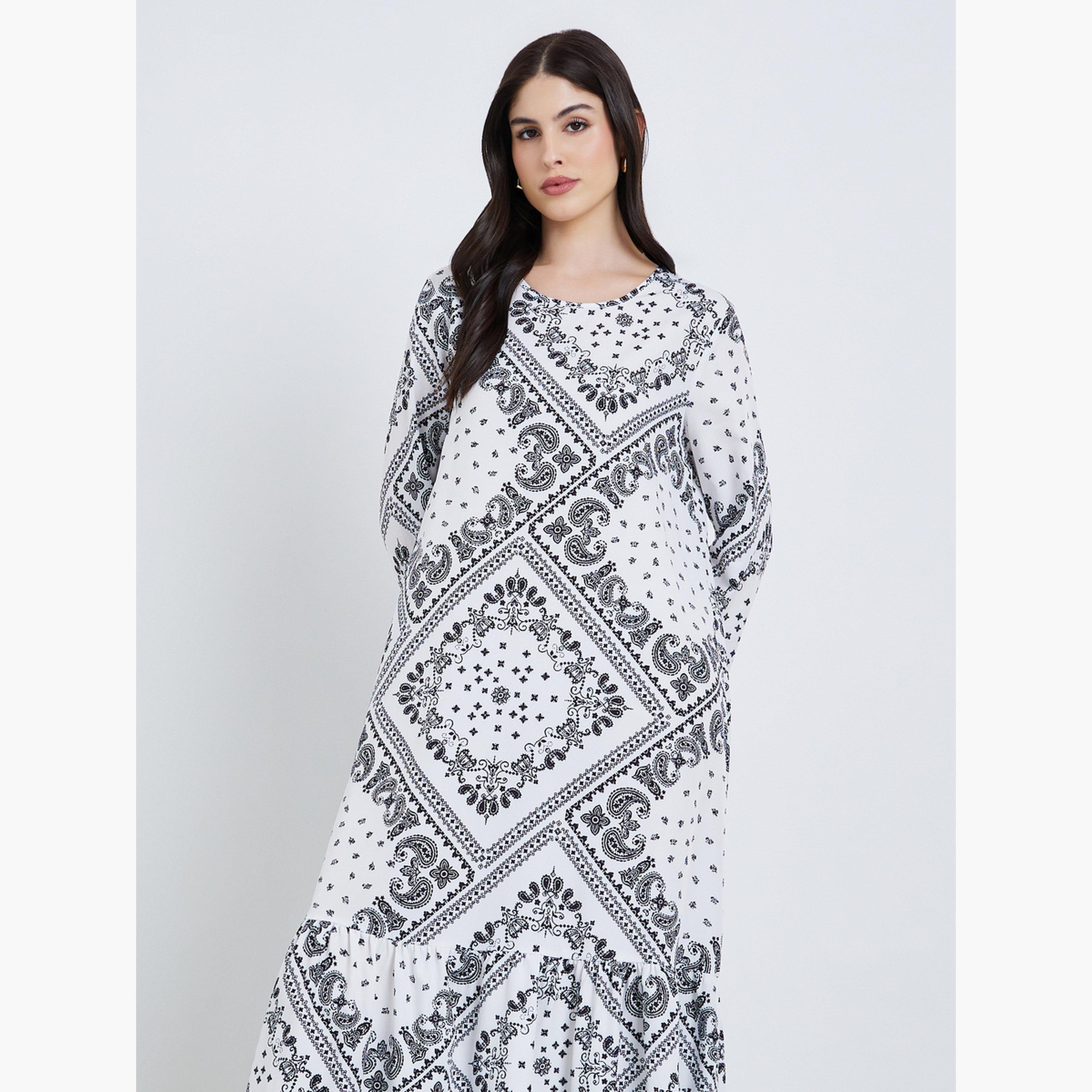 جلابية بأكمام طويلة بطبعة شاملة-women-arabicclothing-jalabiyas-image-2