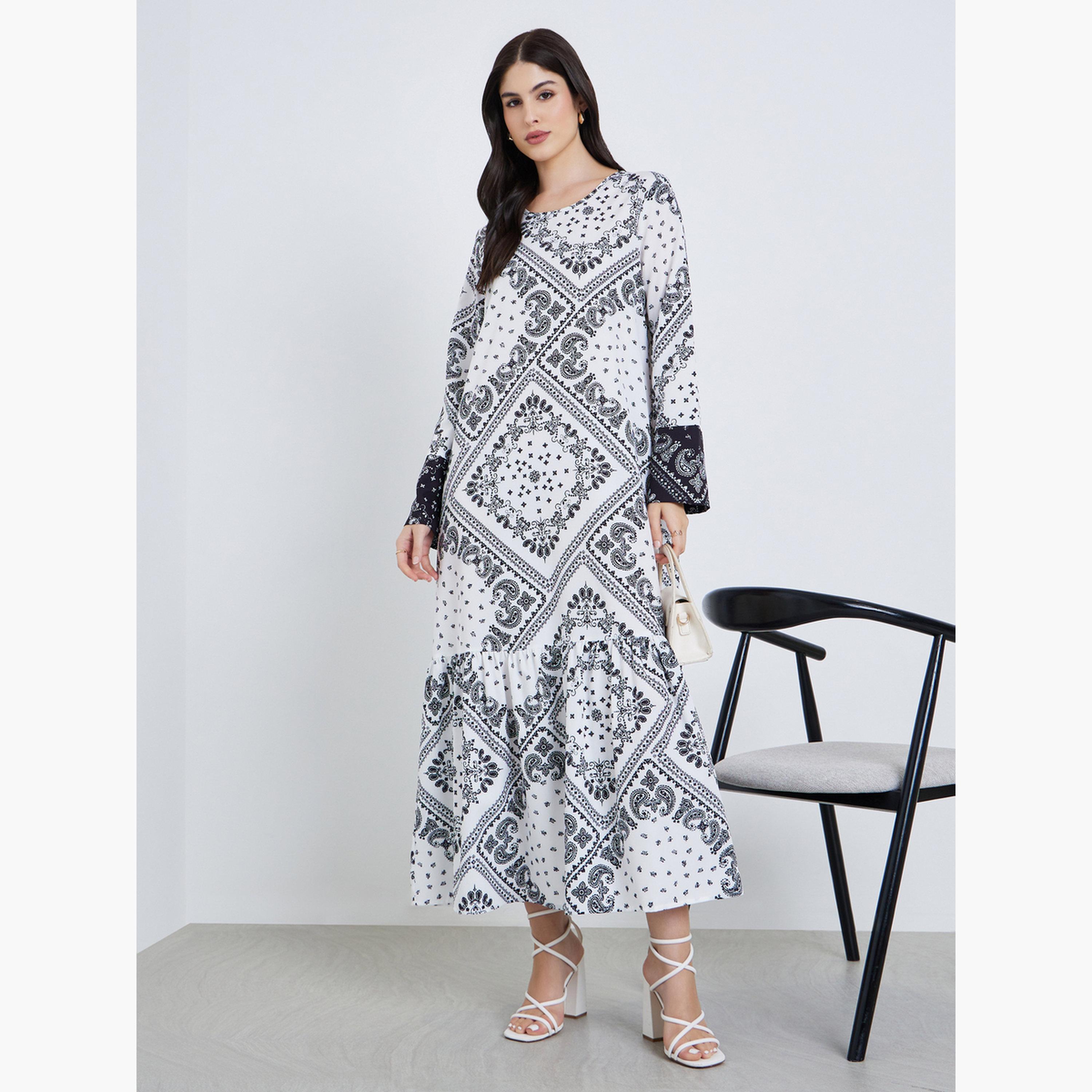 جلابية بأكمام طويلة بطبعة شاملة-women-arabicclothing-jalabiyas-image-3