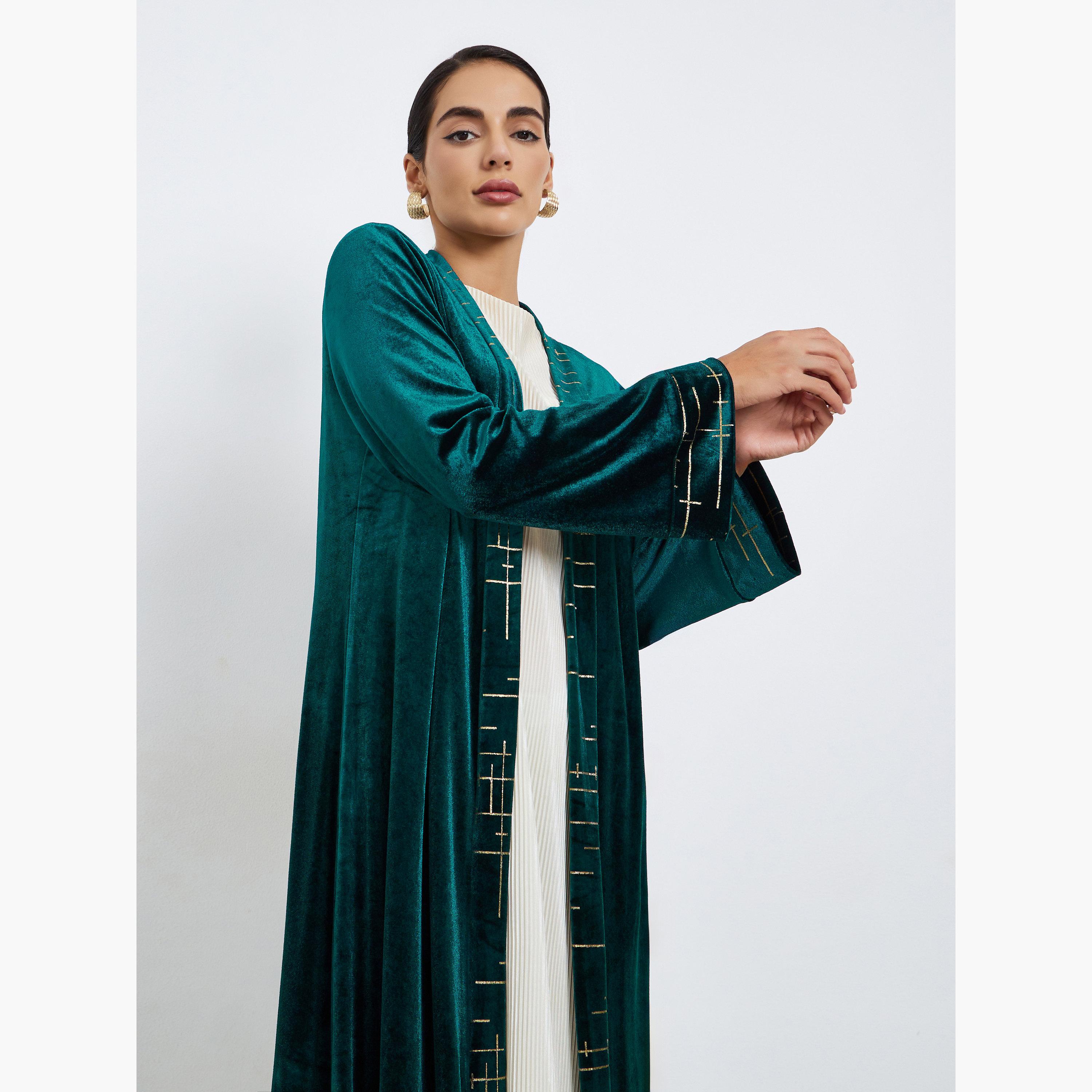 Styli Women Emerald Green Foil Print Detail Abaya-women-arabicclothing-abayas-image-2