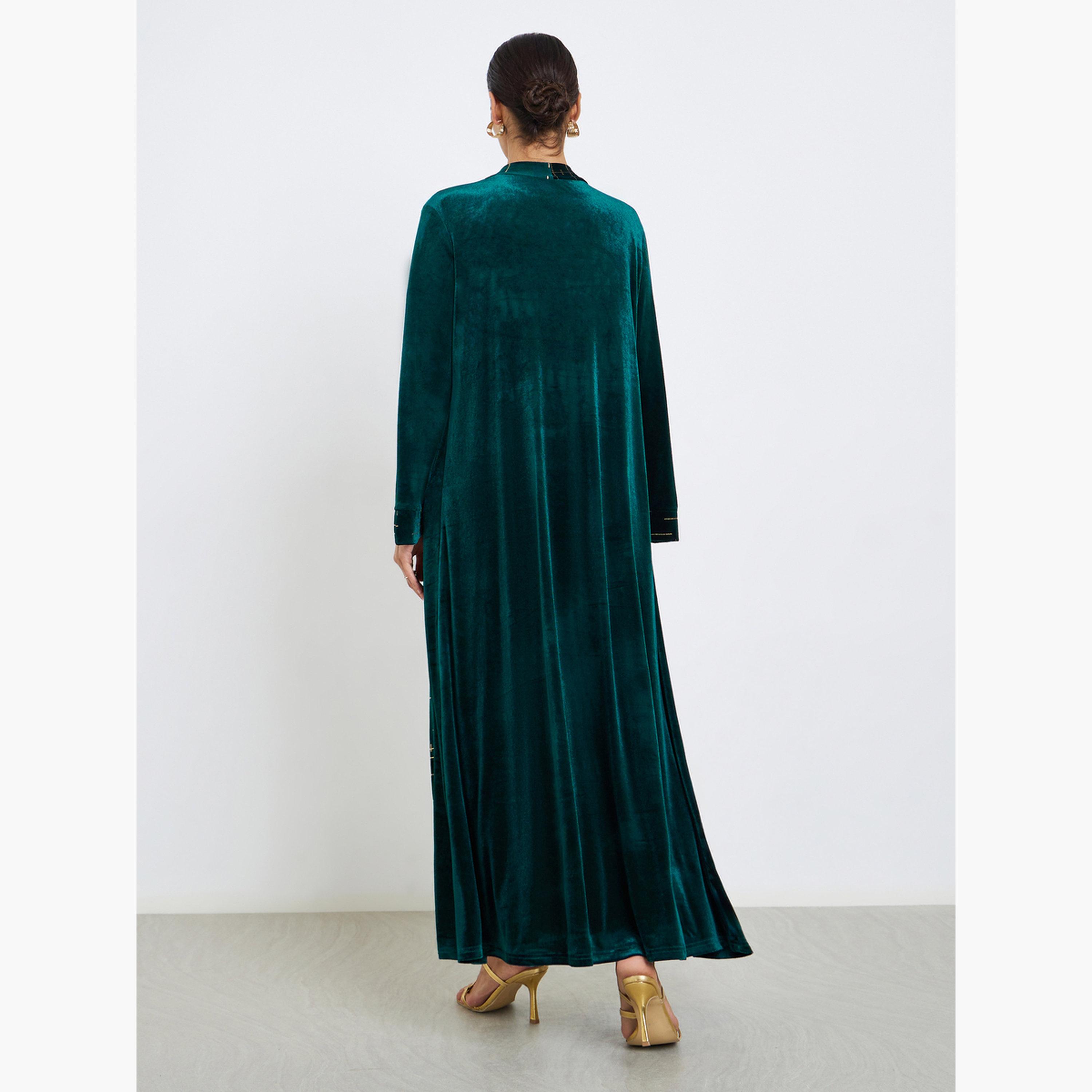 Styli Women Emerald Green Foil Print Detail Abaya-women-arabicclothing-abayas-image-4
