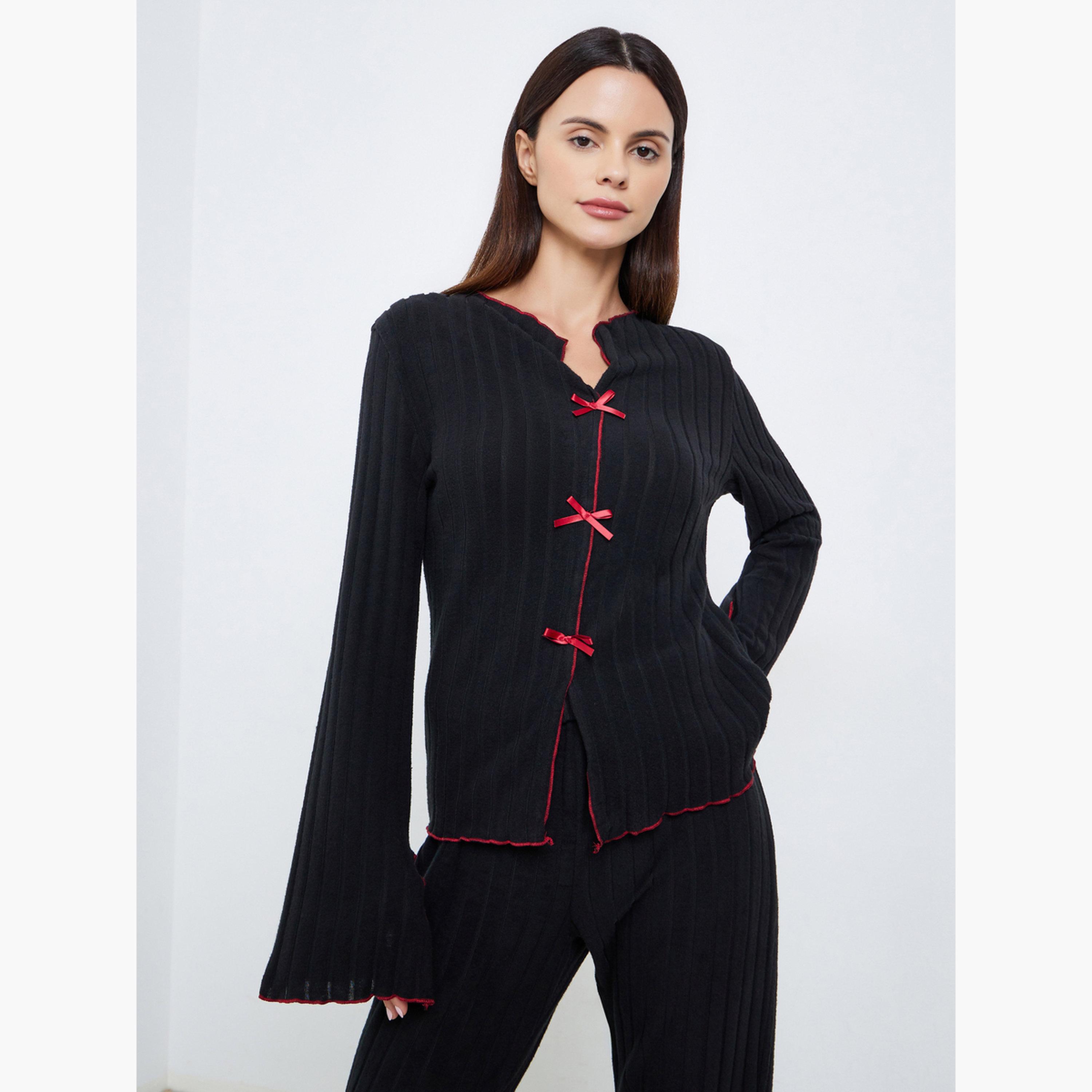 ستايلي - بيجاما بتفاصيل فيونكة مضلعة-women-clothing-nightwear-pyjamas-longsets-image-2