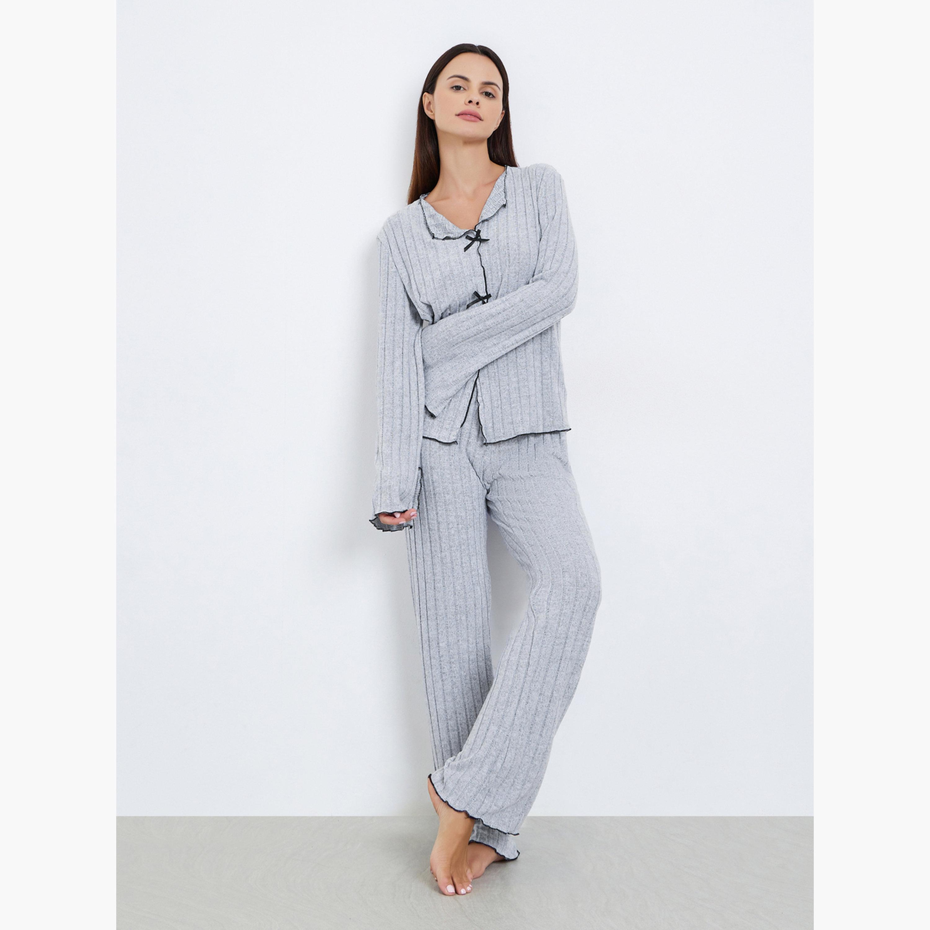 Styli Rib Bow Trim Detail Top and Pyjama Set-women-clothing-nightwear-pyjamas-longsets-image-1