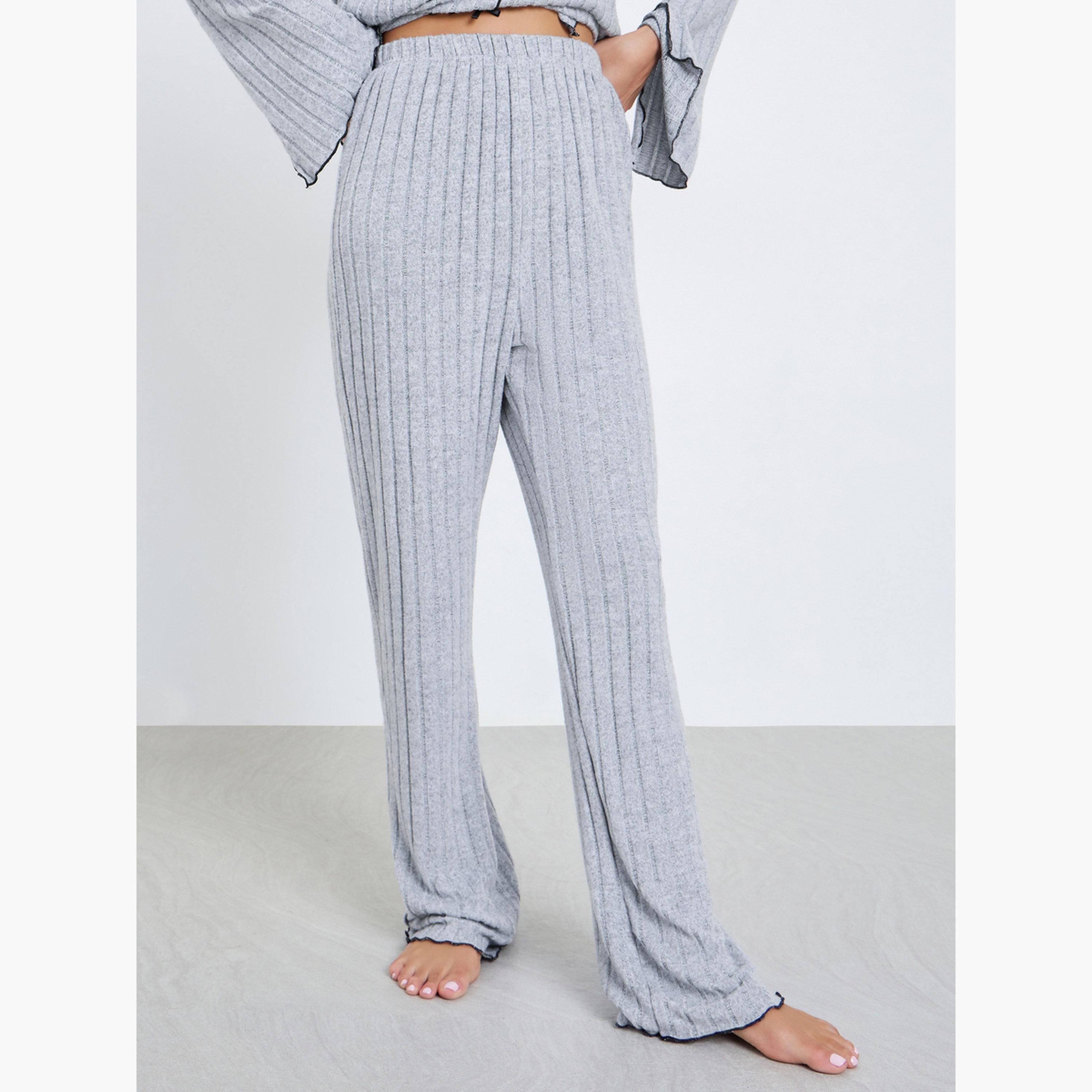 Styli Rib Bow Trim Detail Top and Pyjama Set-women-clothing-nightwear-pyjamas-longsets-image-4
