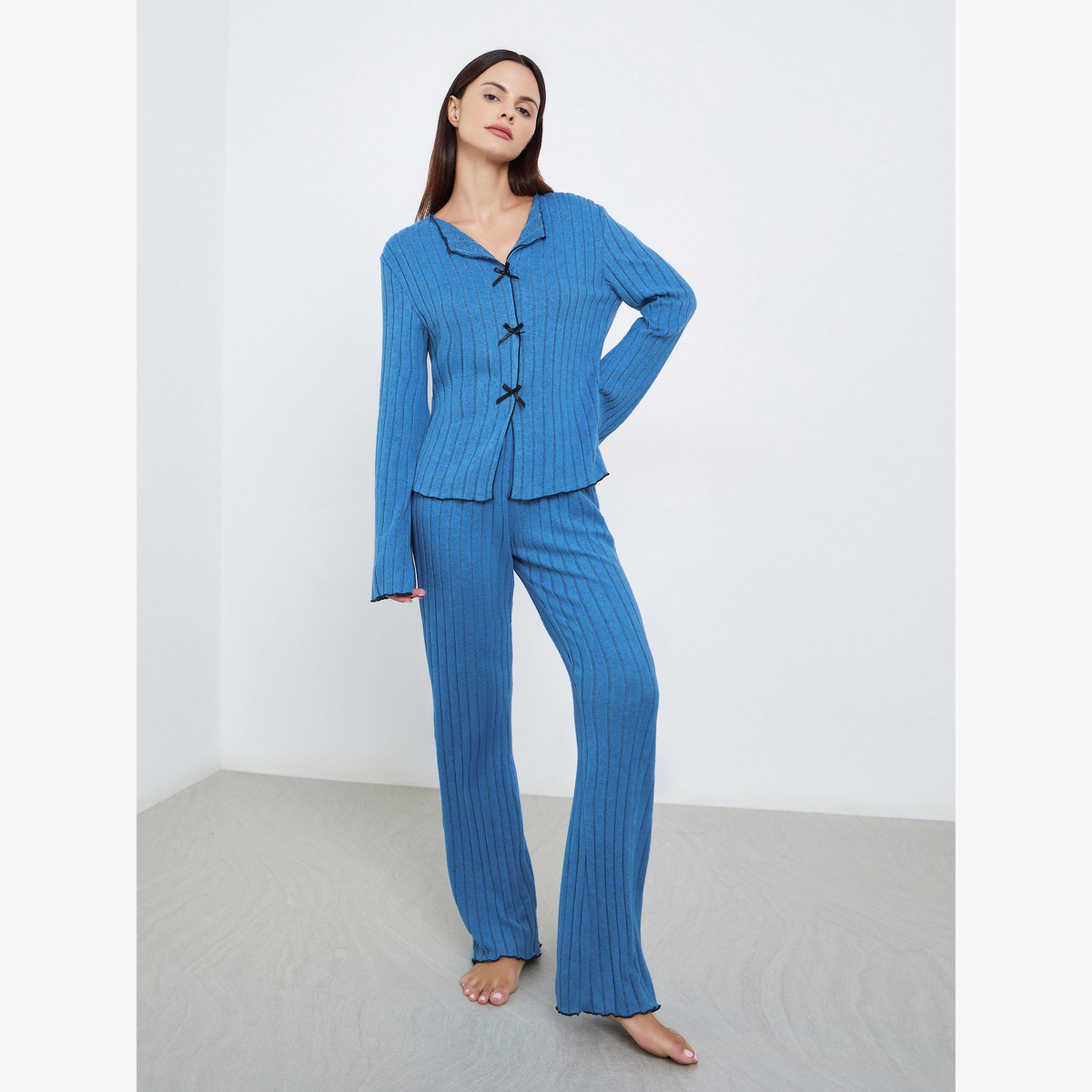 Styli Rib Bow Trim Detail Top and Pyjama Set-women-clothing-nightwear-pyjamas-longsets-image-1