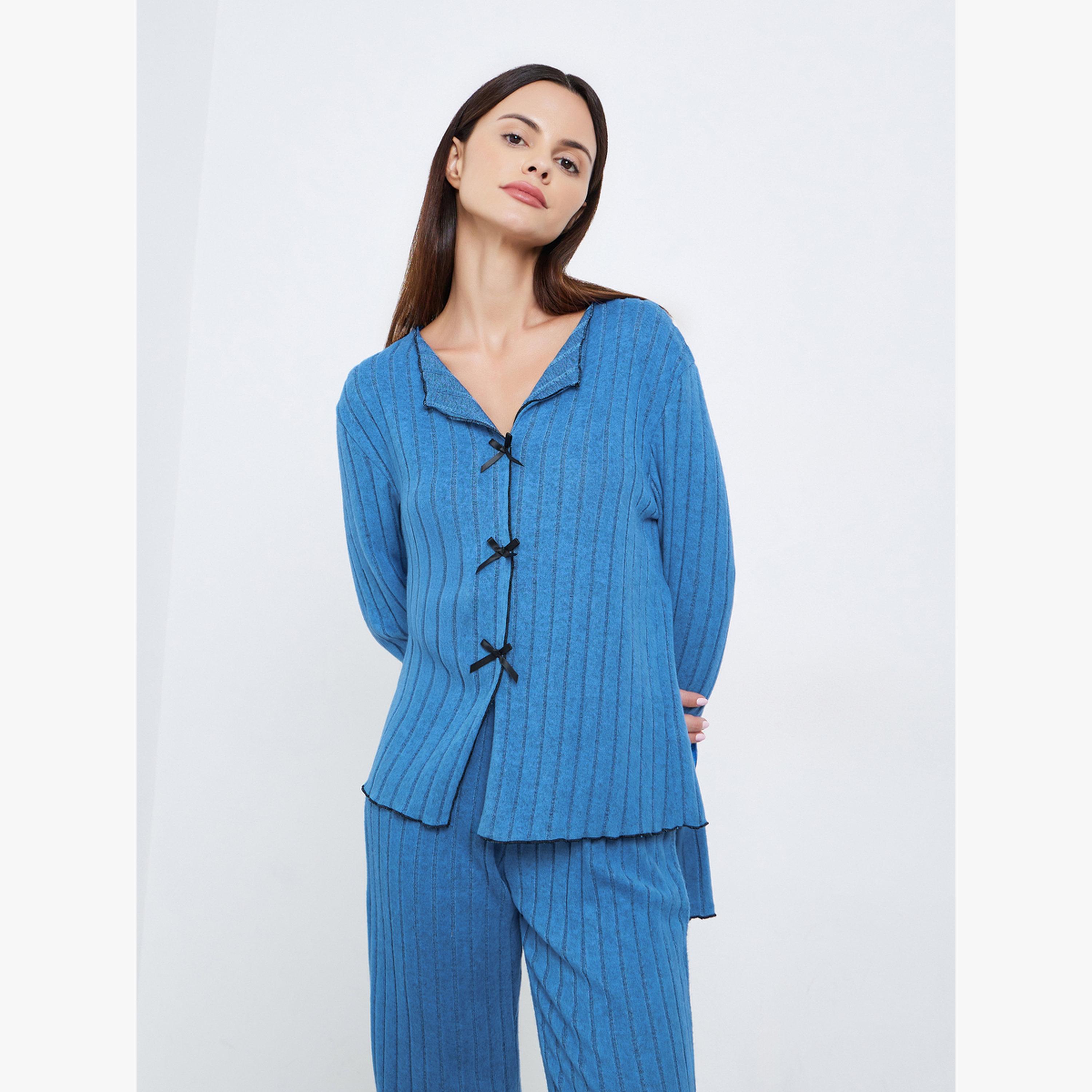 Styli Rib Bow Trim Detail Top and Pyjama Set-women-clothing-nightwear-pyjamas-longsets-image-2