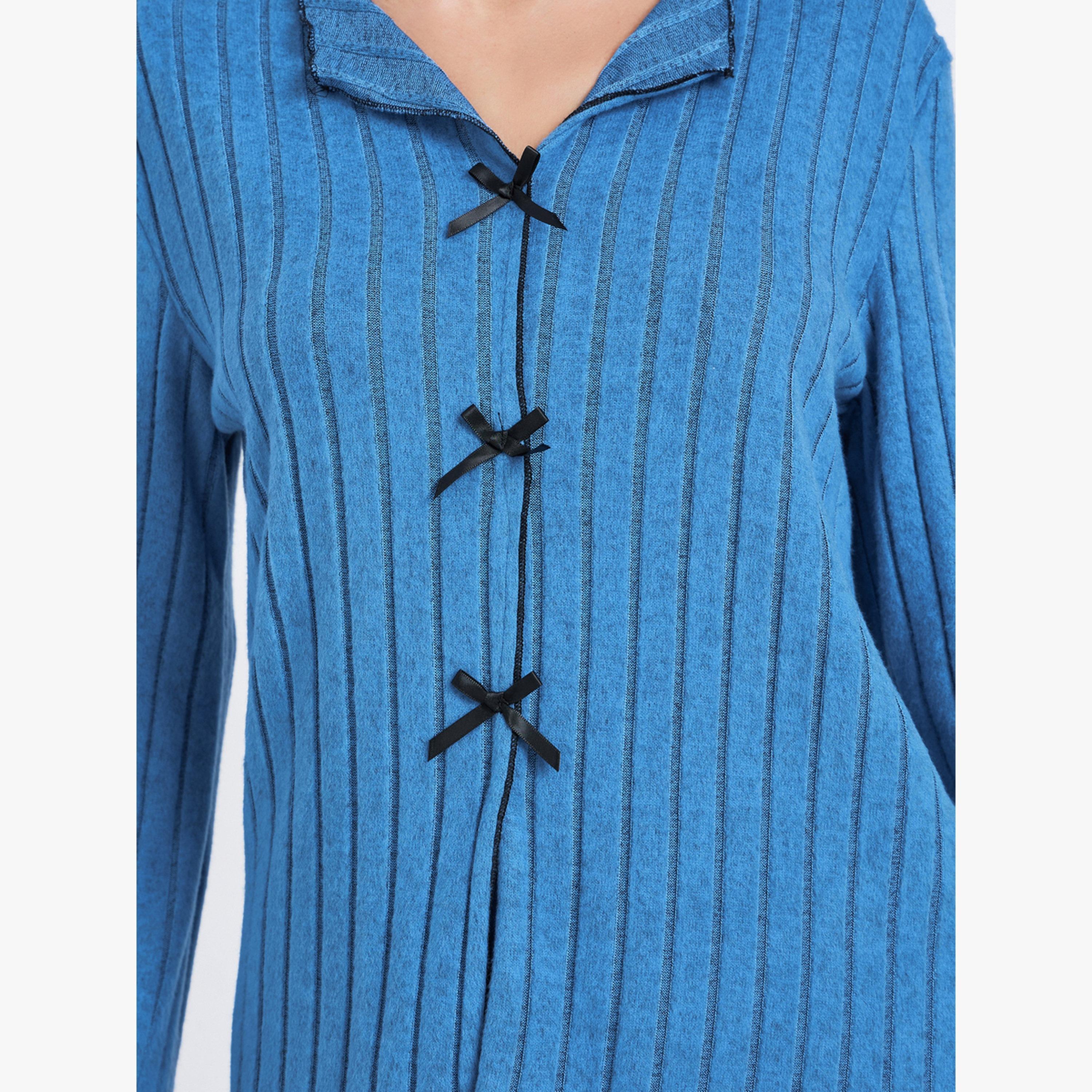 طقم بيجاما من بنطال وبلوزة مضلعة بربطة فيونكة-women-clothing-nightwear-pyjamas-longsets-image-4