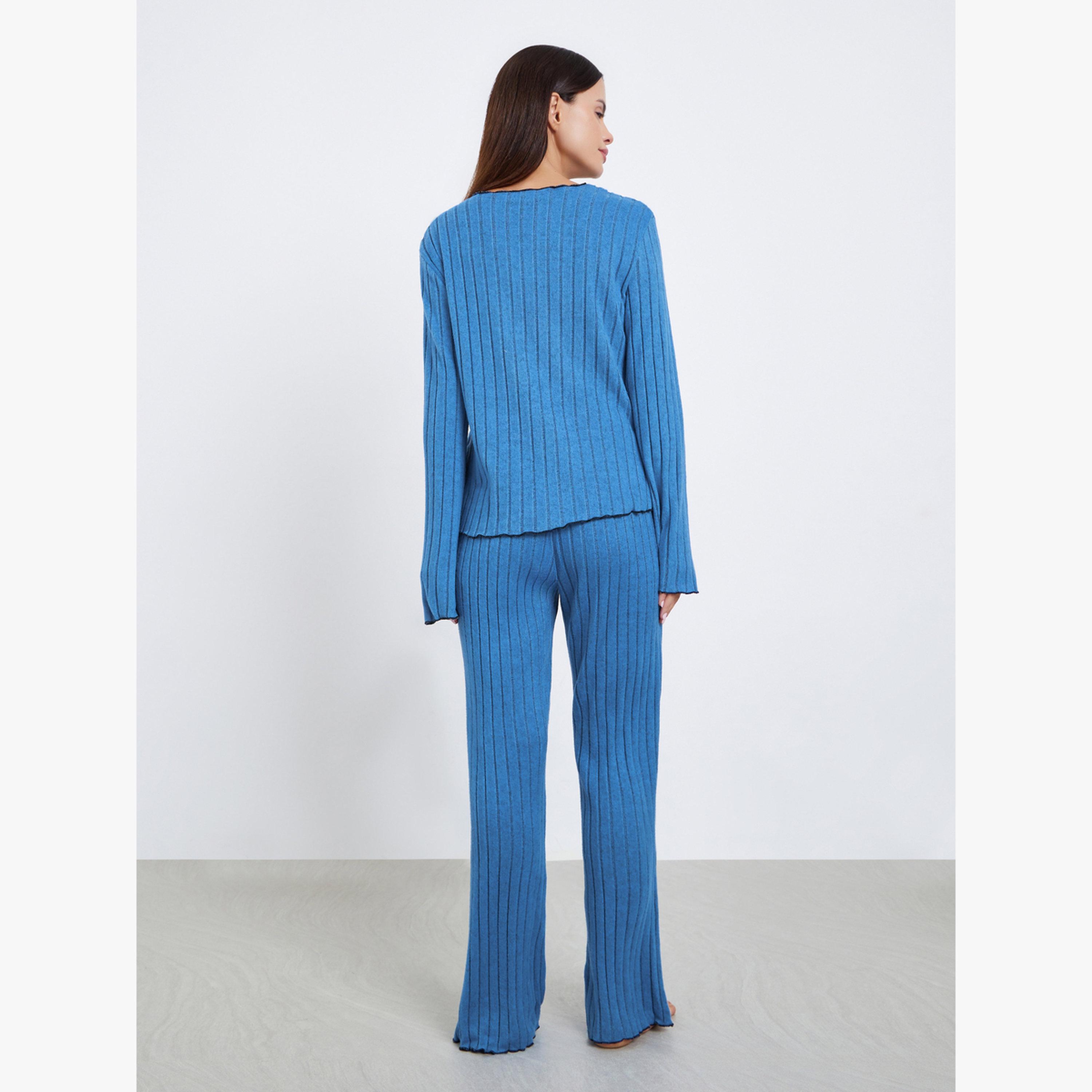 Styli Rib Bow Trim Detail Top and Pyjama Set-women-clothing-nightwear-pyjamas-longsets-image-6