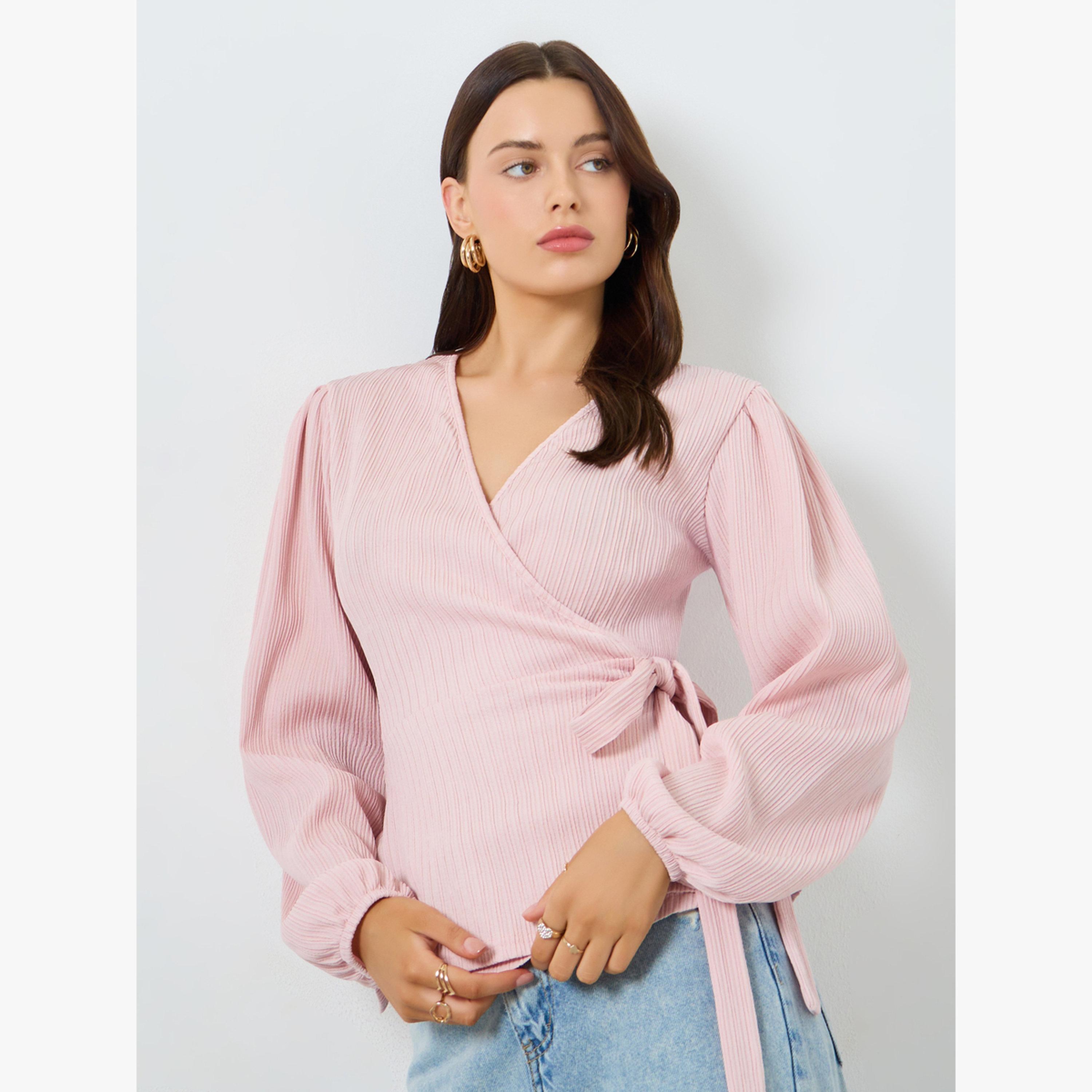 Styli Ribbed V-Neck Puff Sleeve Wrap Top-women-clothing-shirtsandblouses-blouses-image-1