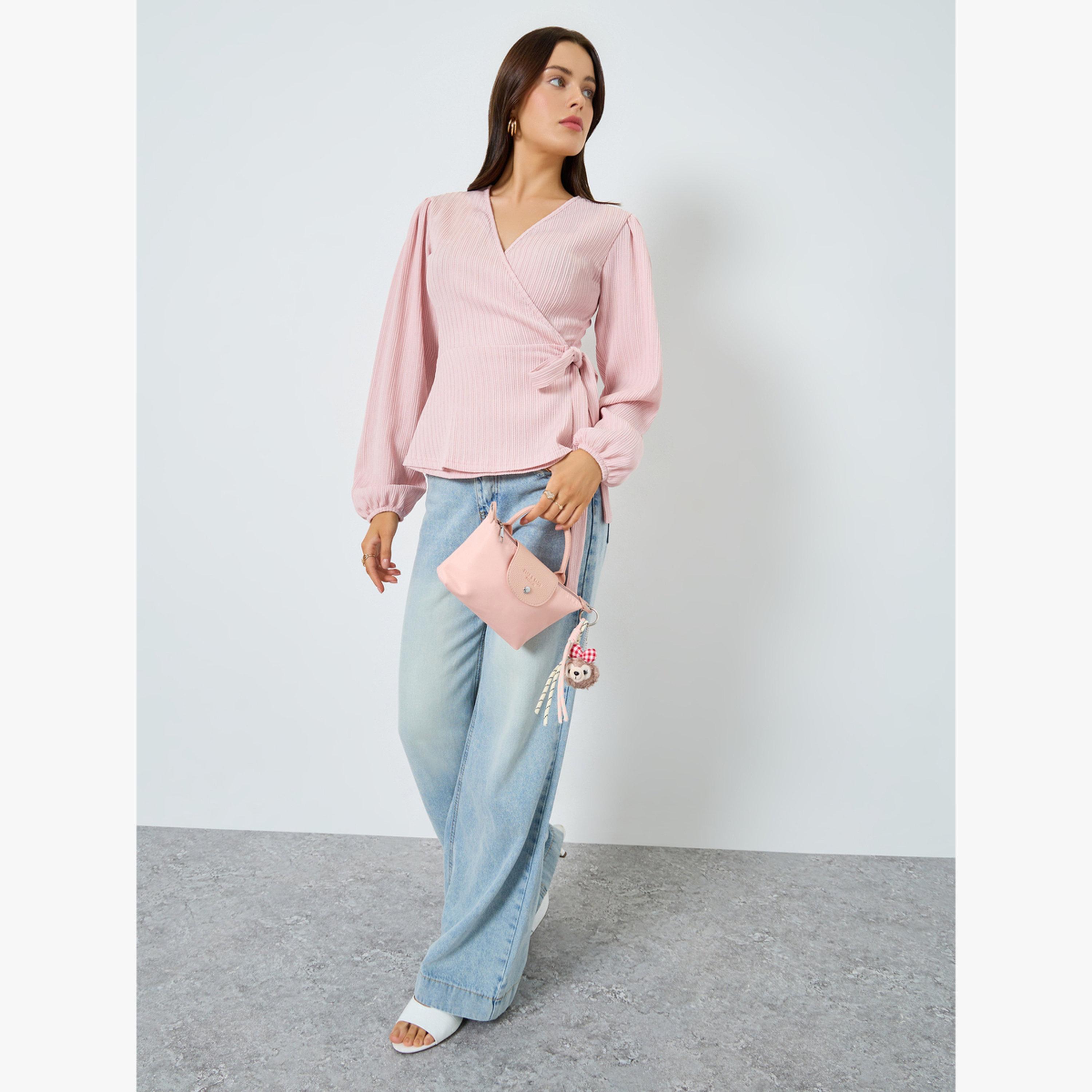 Styli Ribbed V-Neck Puff Sleeve Wrap Top-women-clothing-shirtsandblouses-blouses-image-2