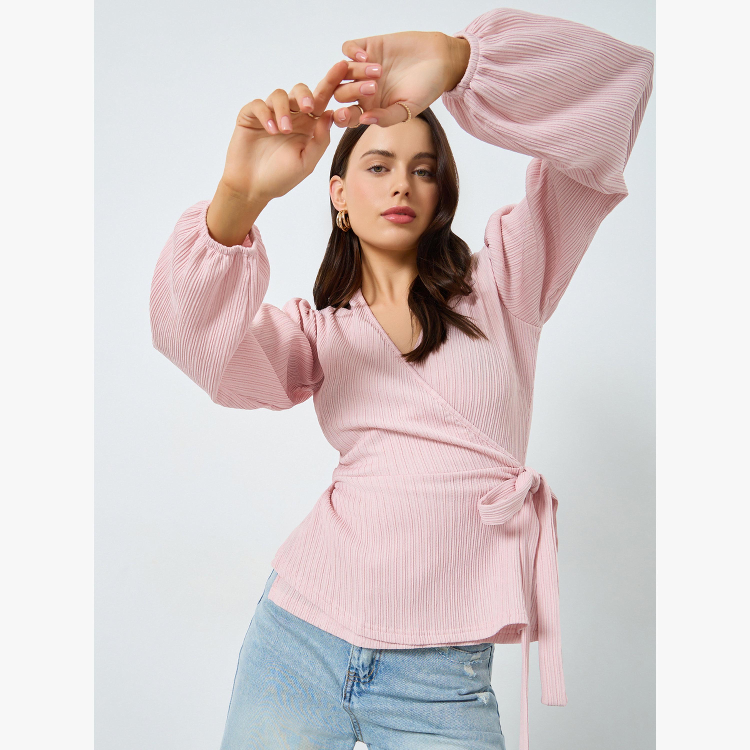 Styli Ribbed V-Neck Puff Sleeve Wrap Top-women-clothing-shirtsandblouses-blouses-image-3