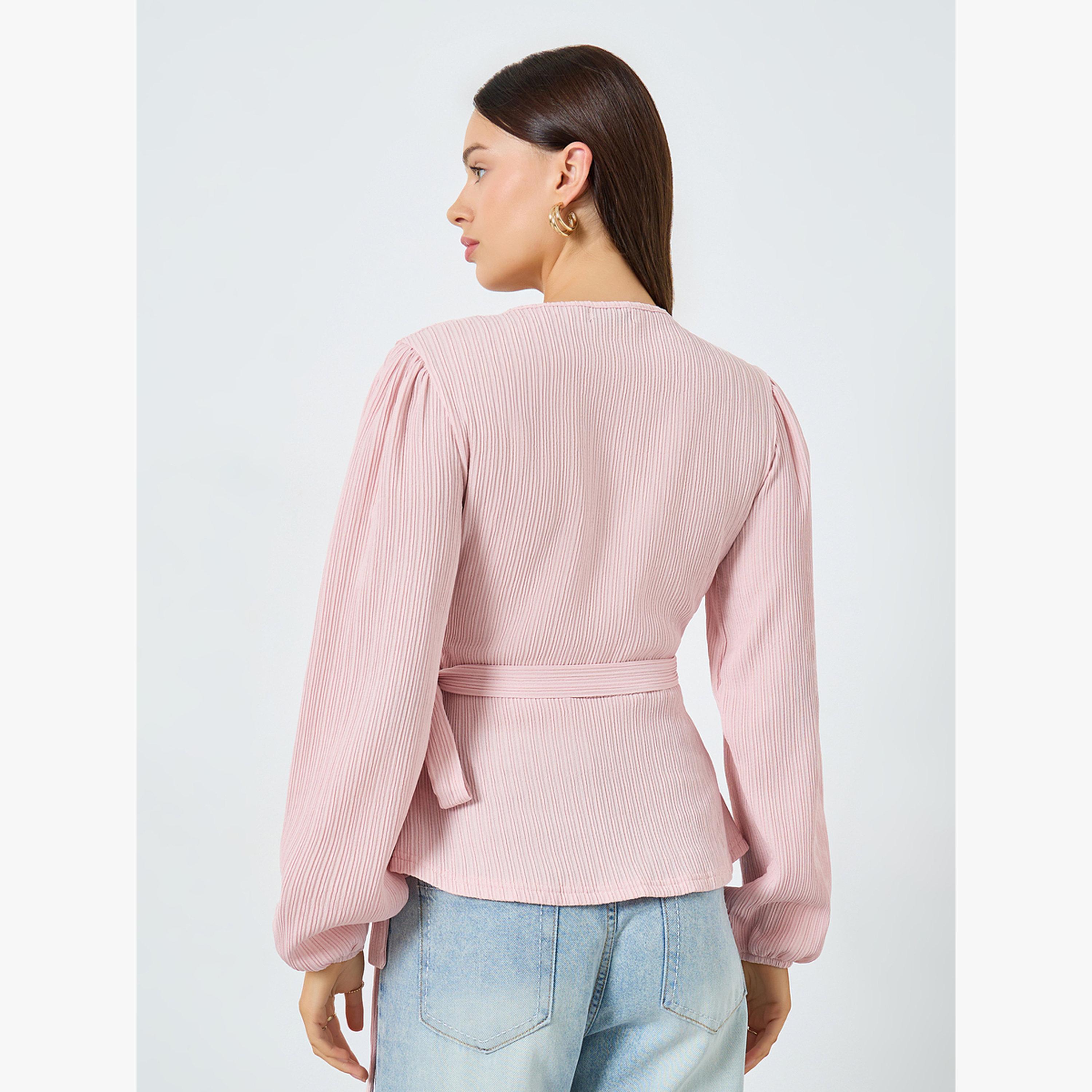Styli Ribbed V-Neck Puff Sleeve Wrap Top-women-clothing-shirtsandblouses-blouses-image-5