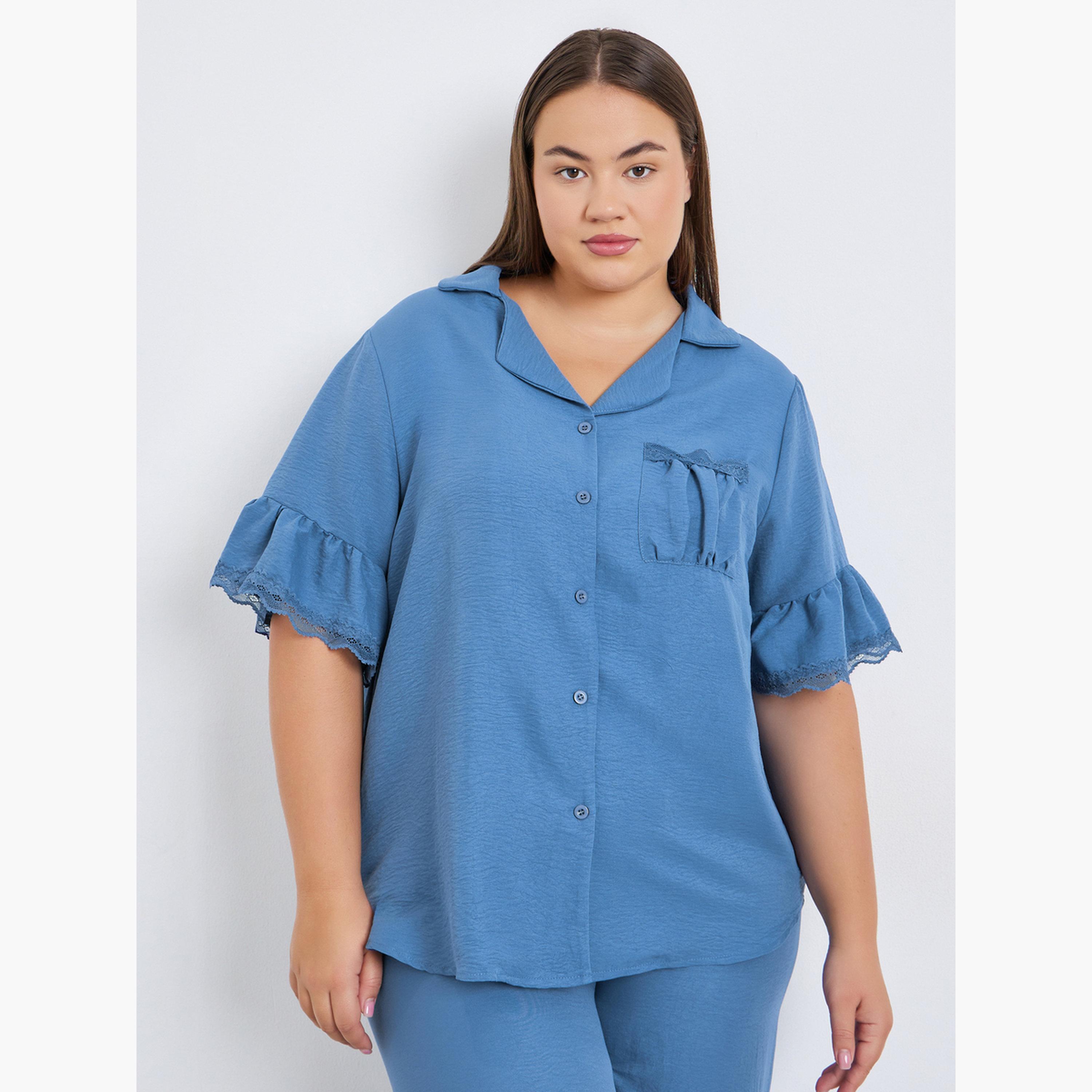 Styli Plus Size Ruffle Lace Trim Shirt and Pyjama Set-women-clothing-nightwear-pyjamas-longsets-image-2