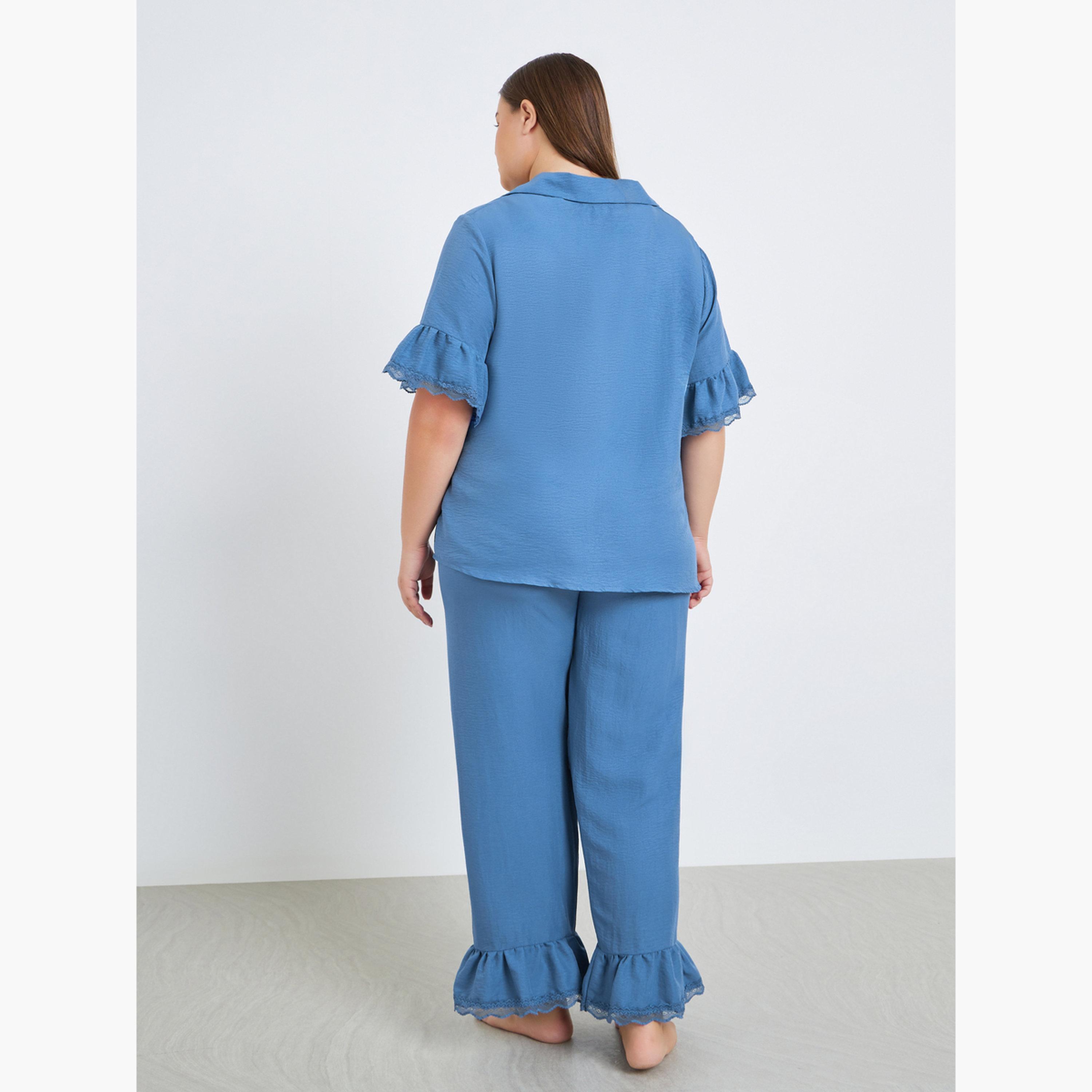 Styli Plus Size Ruffle Lace Trim Shirt and Pyjama Set-women-clothing-nightwear-pyjamas-longsets-image-3