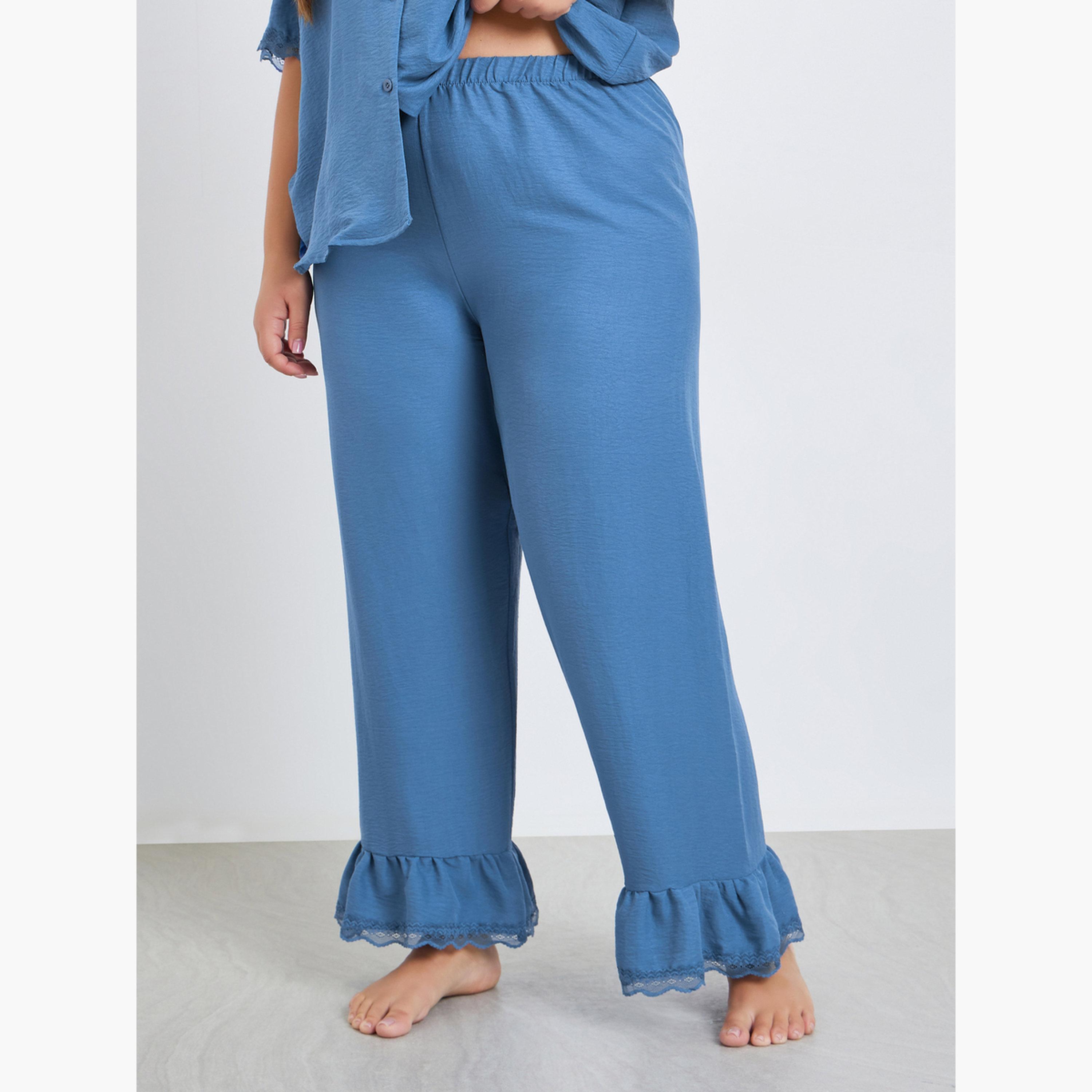 Styli Plus Size Ruffle Lace Trim Shirt and Pyjama Set-women-clothing-nightwear-pyjamas-longsets-image-4