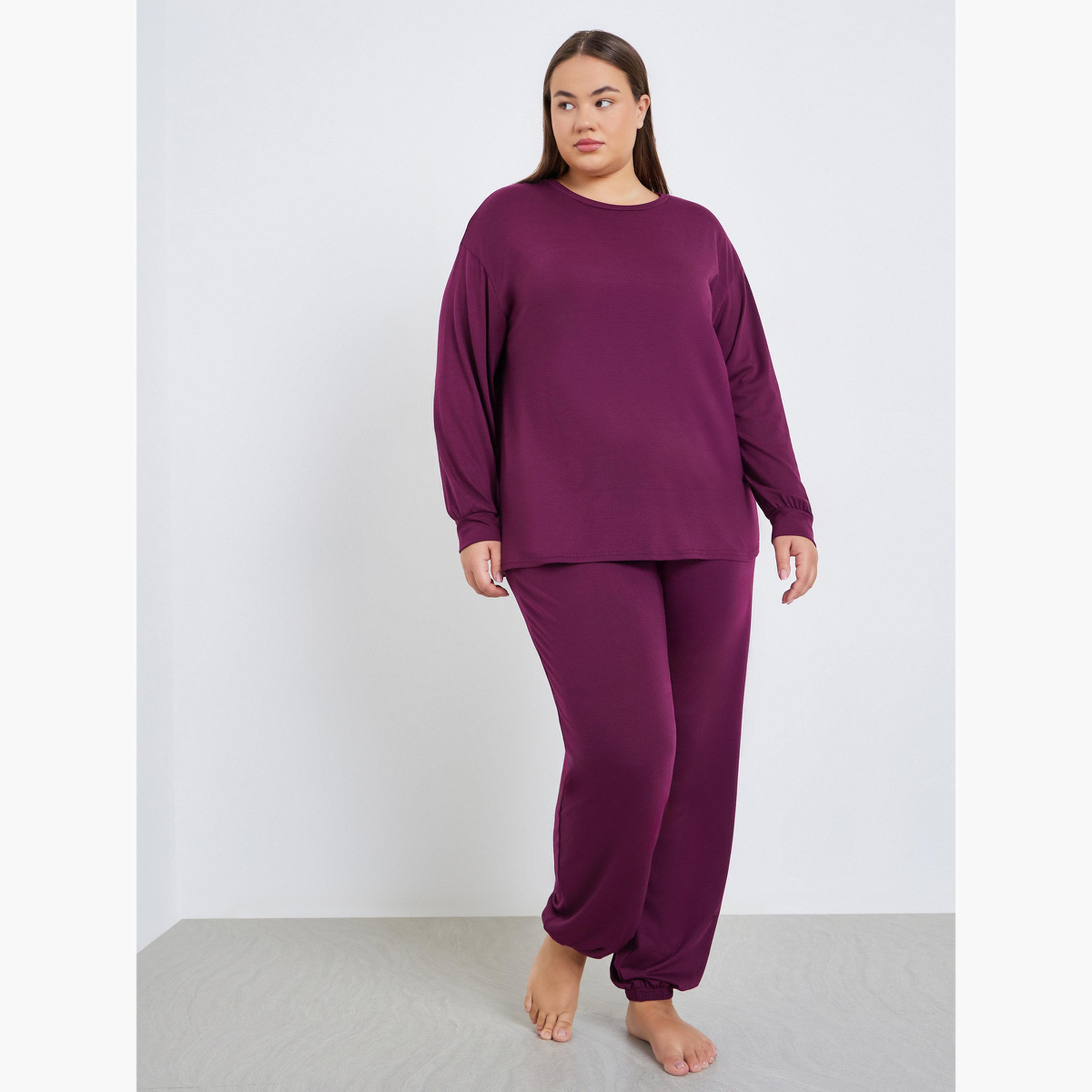 Styli Plus Size Solid Dropped Shoulder Top and Pyjama Set-women-clothing-nightwear-pyjamas-longsets-image-1